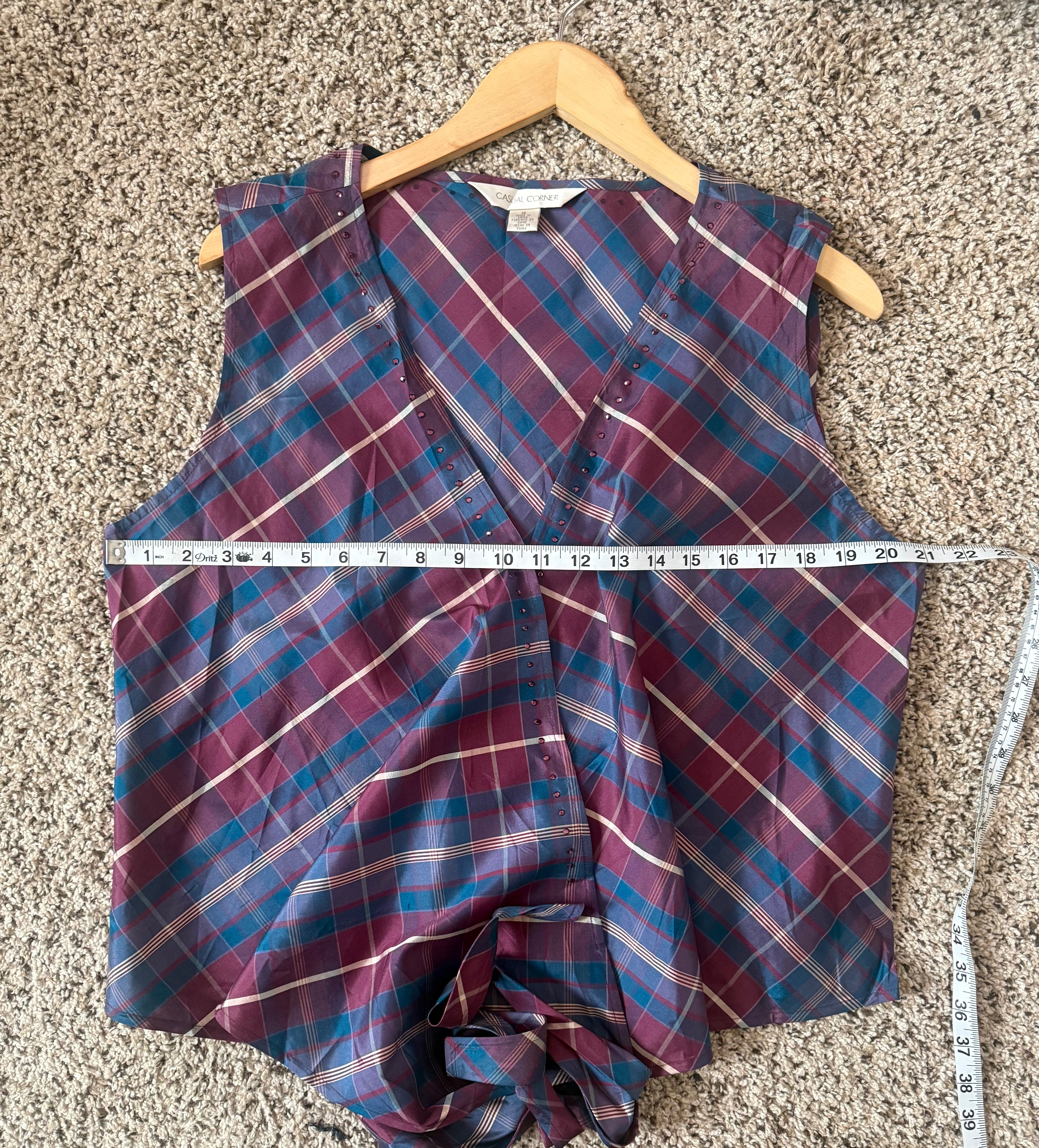 Casual Corner 100% Silk Size 16 Navy Maroon and Beige Plaid Tie Tank Top