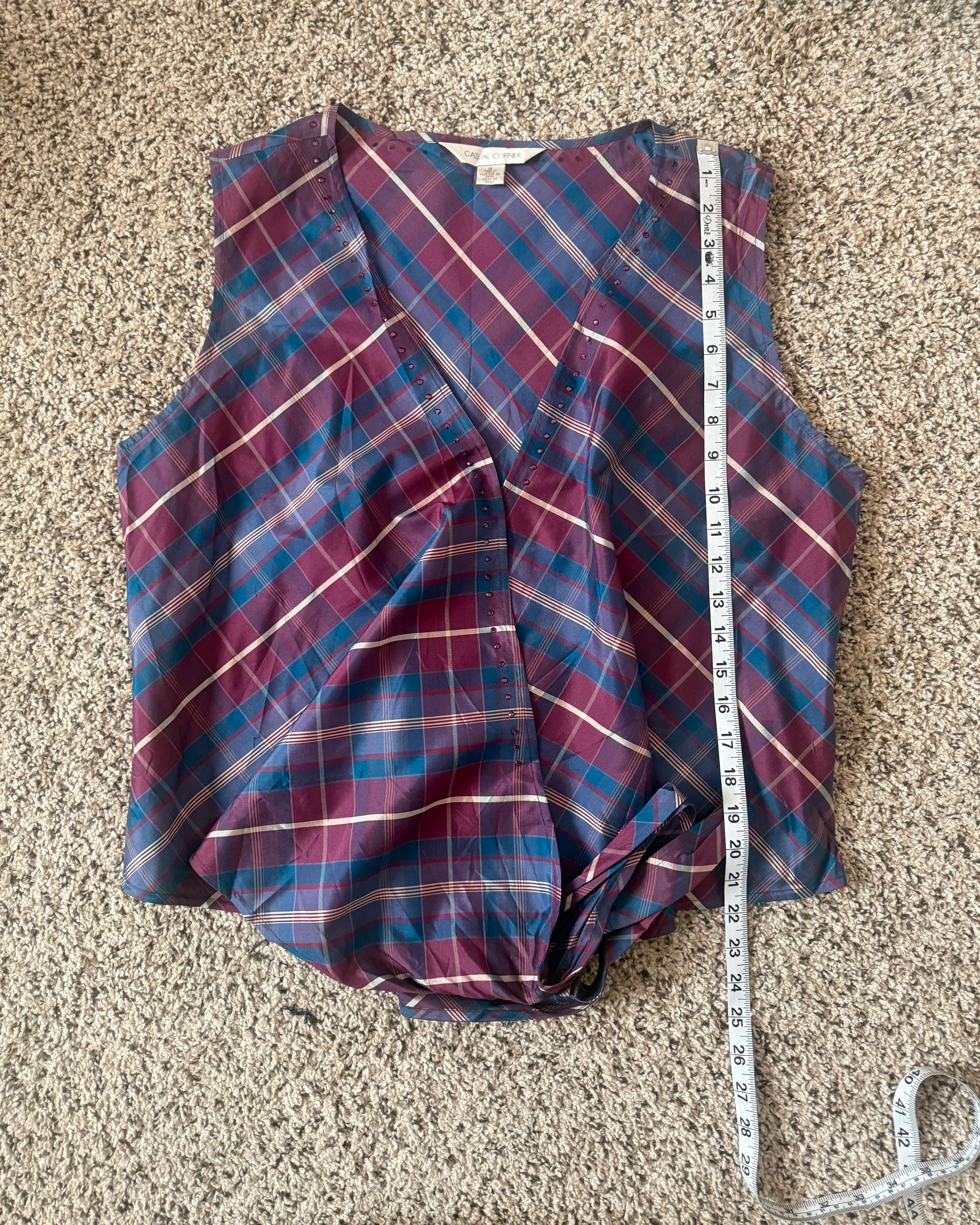 Casual Corner 100% Silk Size 16 Navy Maroon and Beige Plaid Tie Tank Top