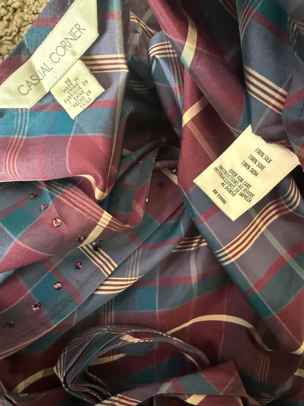 Casual Corner 100% Silk Size 16 Navy Maroon and Beige Plaid Tie Tank Top