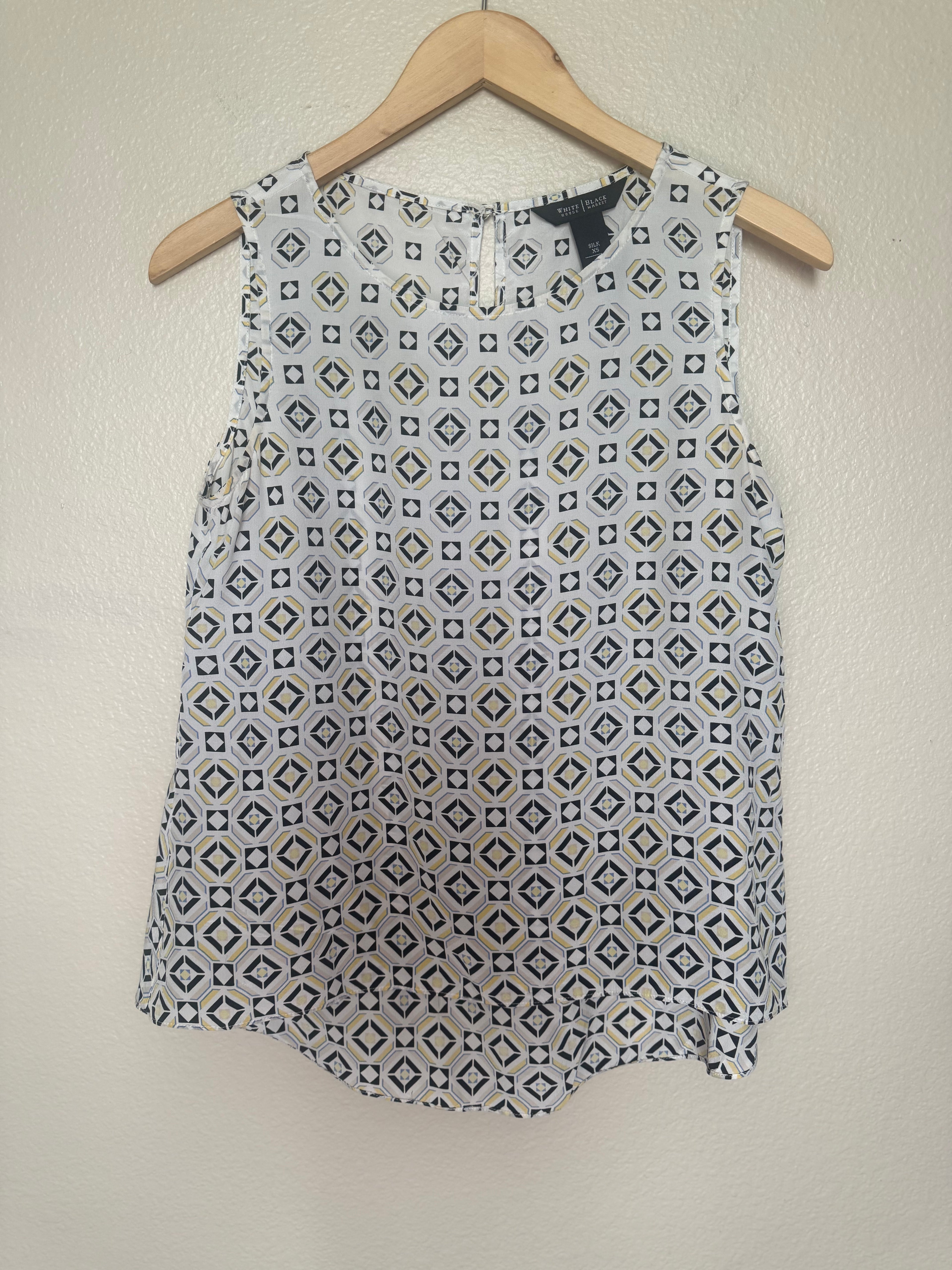 White House Black Market 100% Silk XS White Tank Top with Black and Yellow Designs