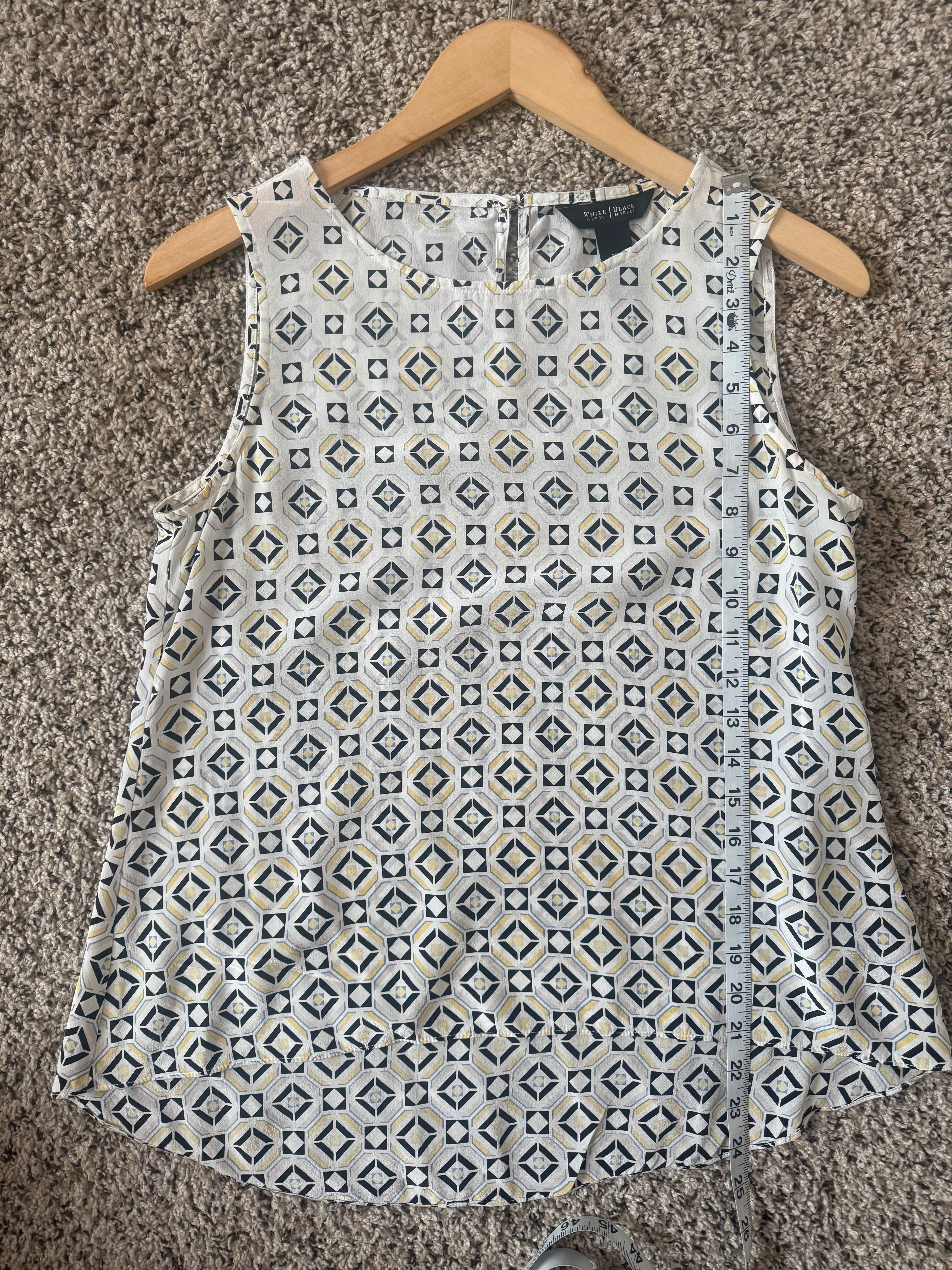 White House Black Market 100% Silk XS White Tank Top with Black and Yellow Designs