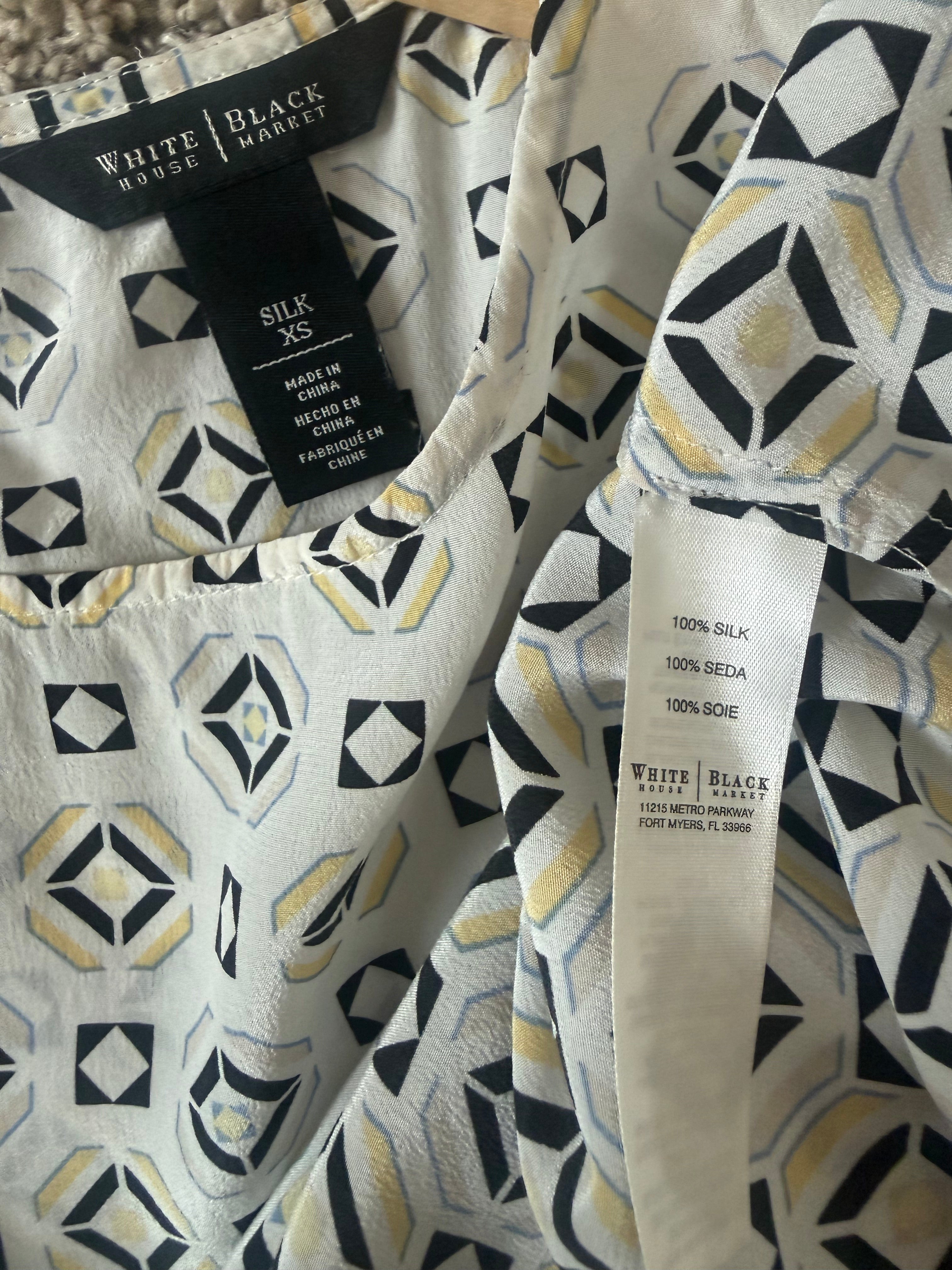 White House Black Market 100% Silk XS White Tank Top with Black and Yellow Designs