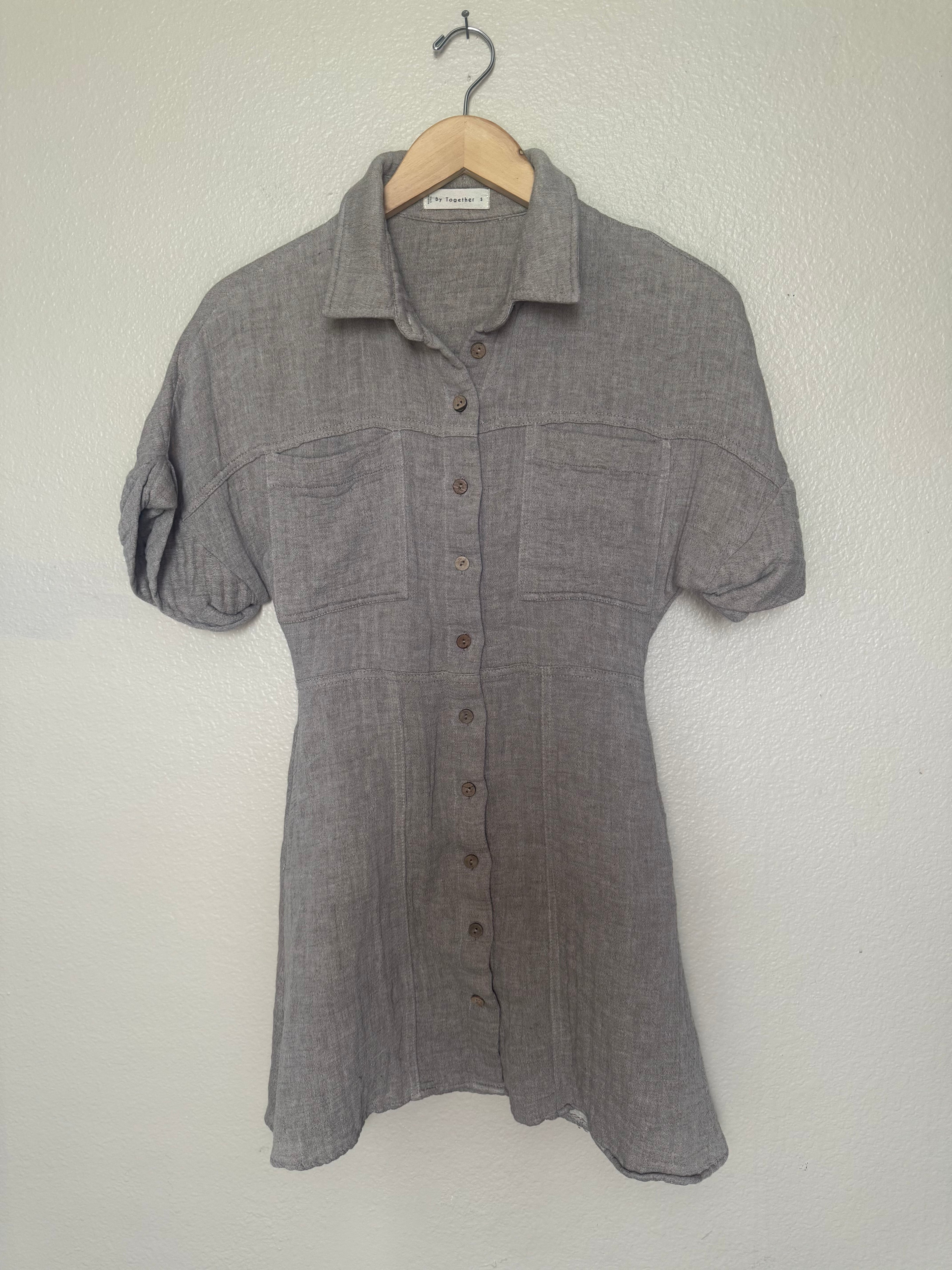 By Together 75% Linen 25% Cotton S Beige Collared Button Down Dress