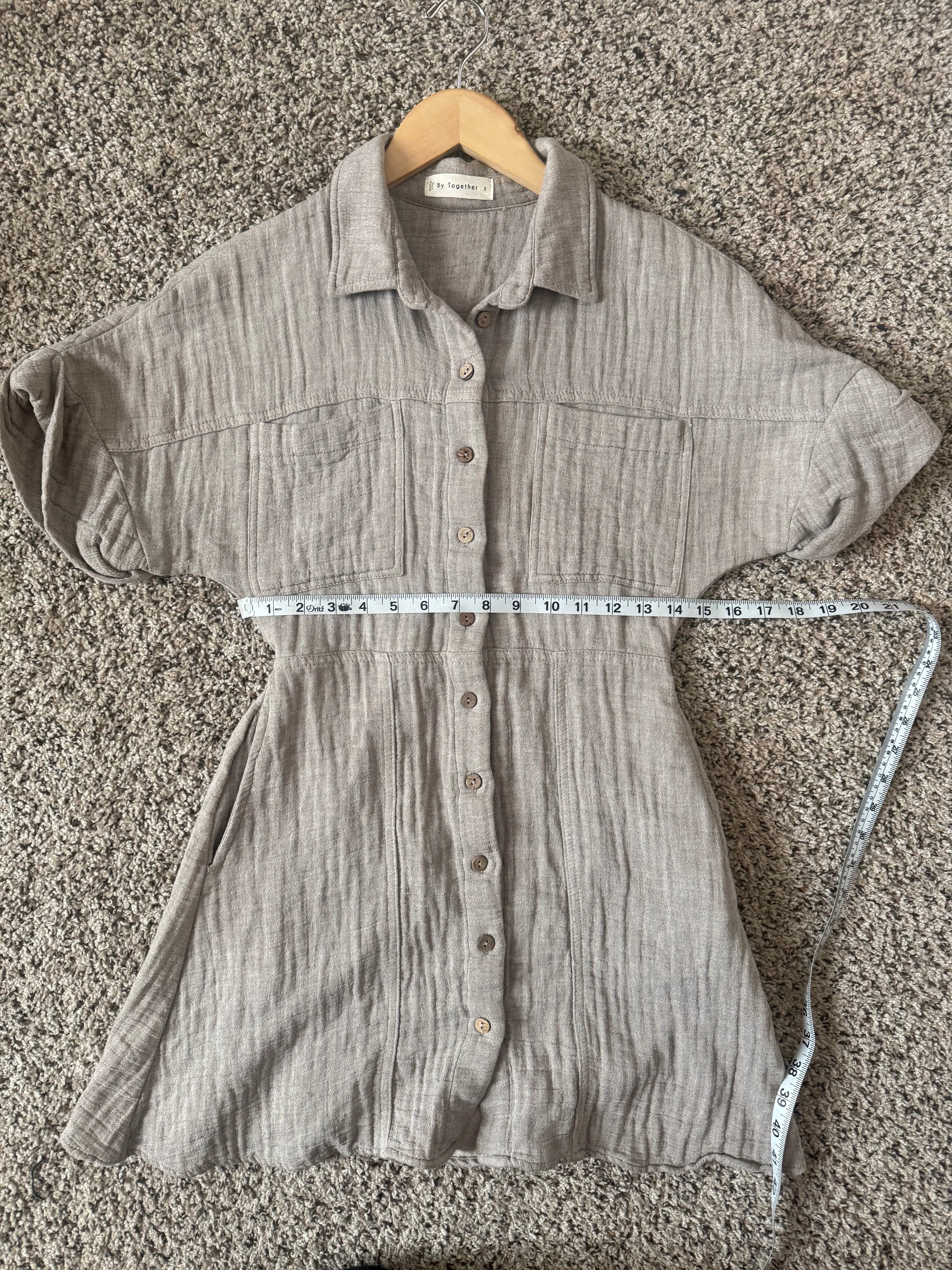 By Together 75% Linen 25% Cotton S Beige Collared Button Down Dress