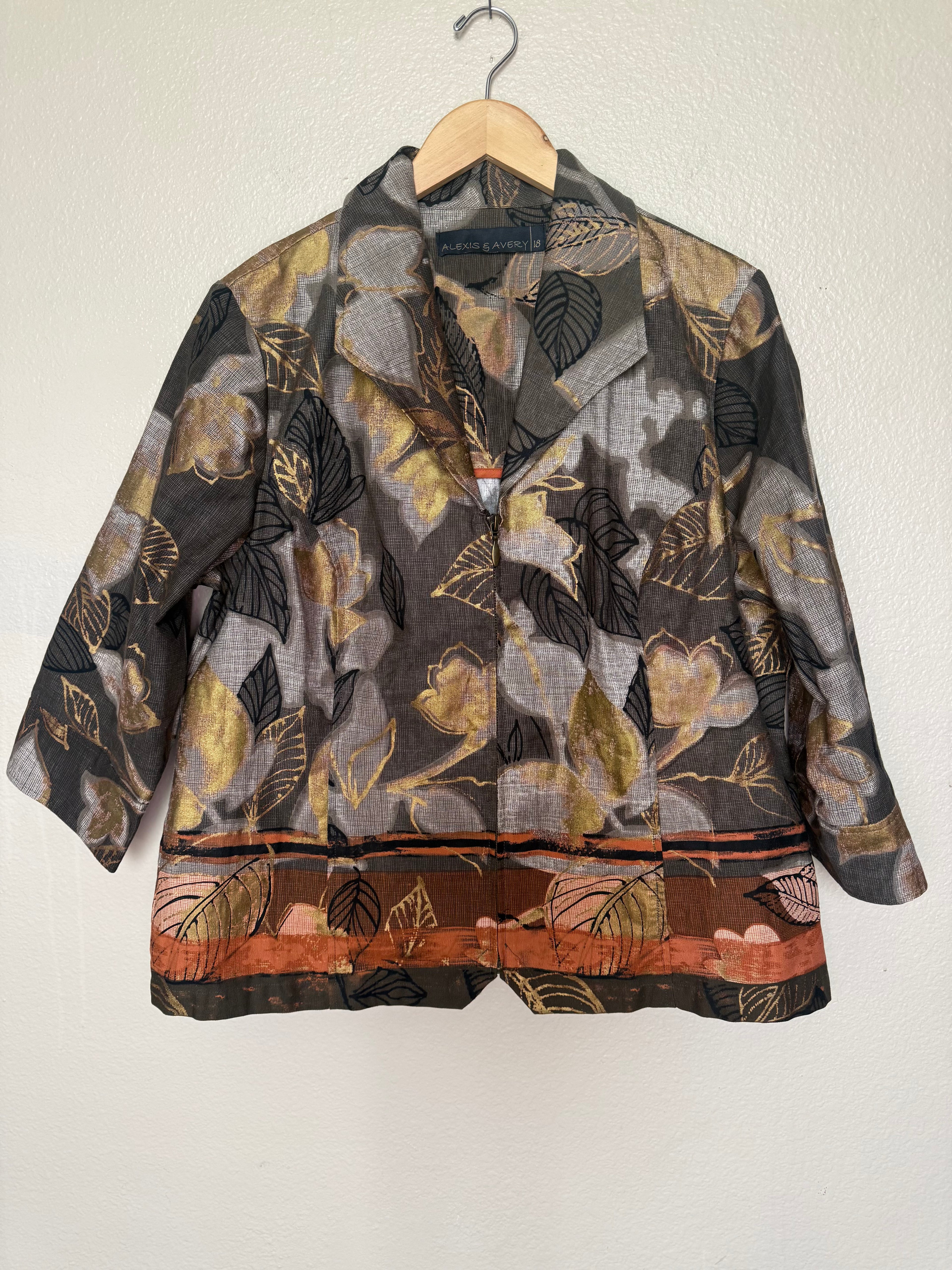 Alexis & Avery 100% Cotton Size 18 Fall Colored Leaf Print 3/4 Sleeve Zip Up Jacket