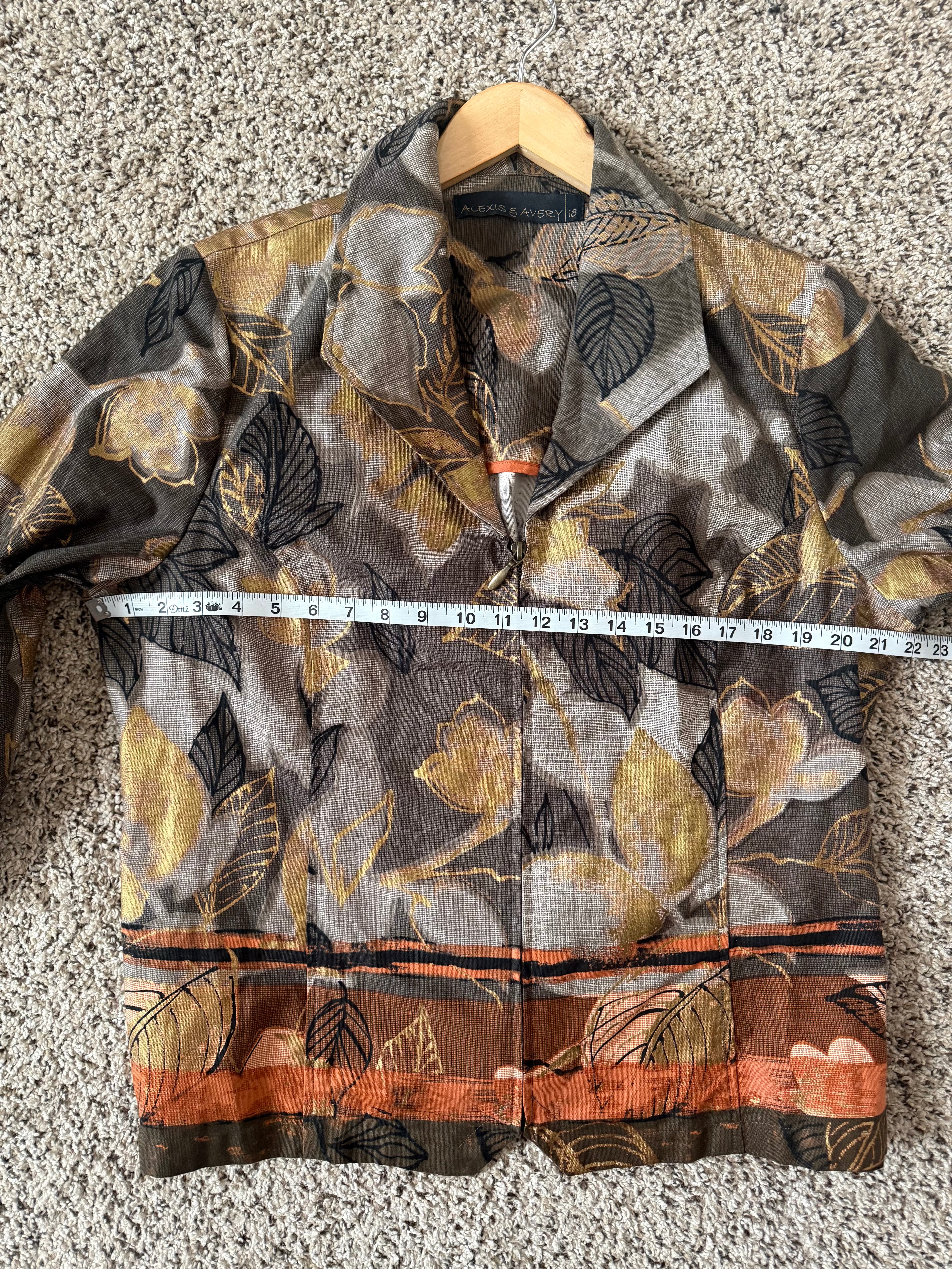 Alexis & Avery 100% Cotton Size 18 Fall Colored Leaf Print 3/4 Sleeve Zip Up Jacket