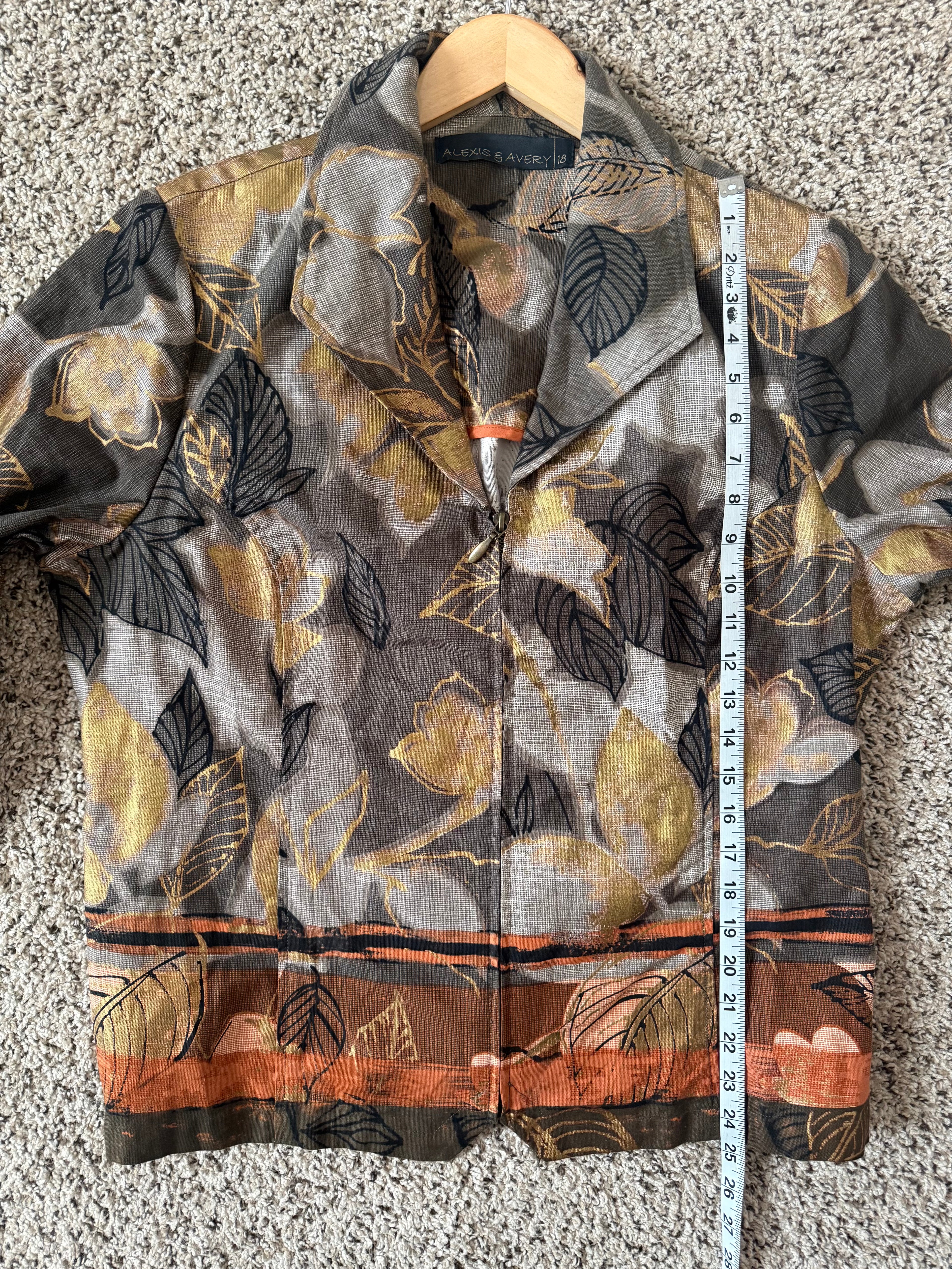 Alexis & Avery 100% Cotton Size 18 Fall Colored Leaf Print 3/4 Sleeve Zip Up Jacket