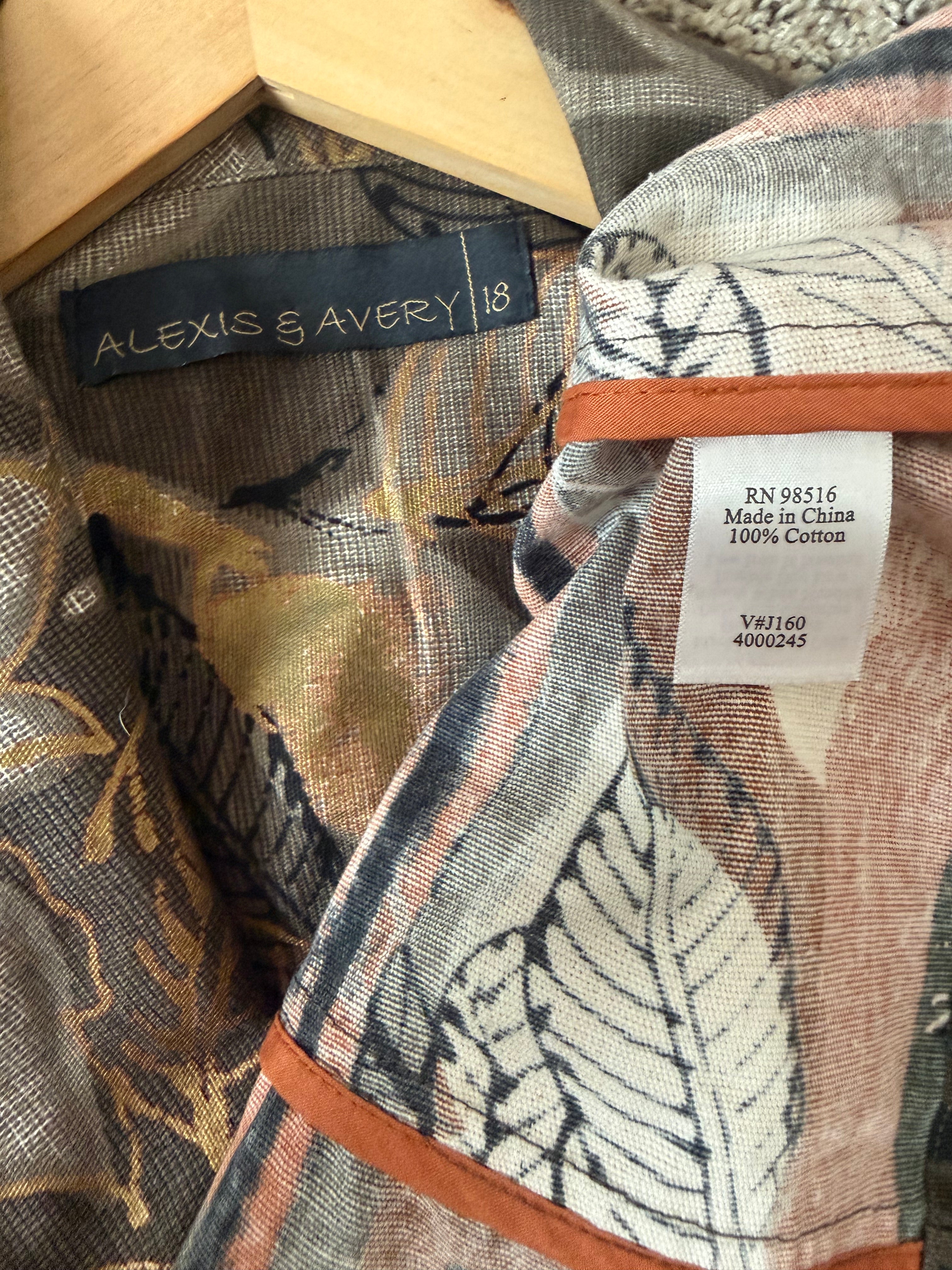 Alexis & Avery 100% Cotton Size 18 Fall Colored Leaf Print 3/4 Sleeve Zip Up Jacket