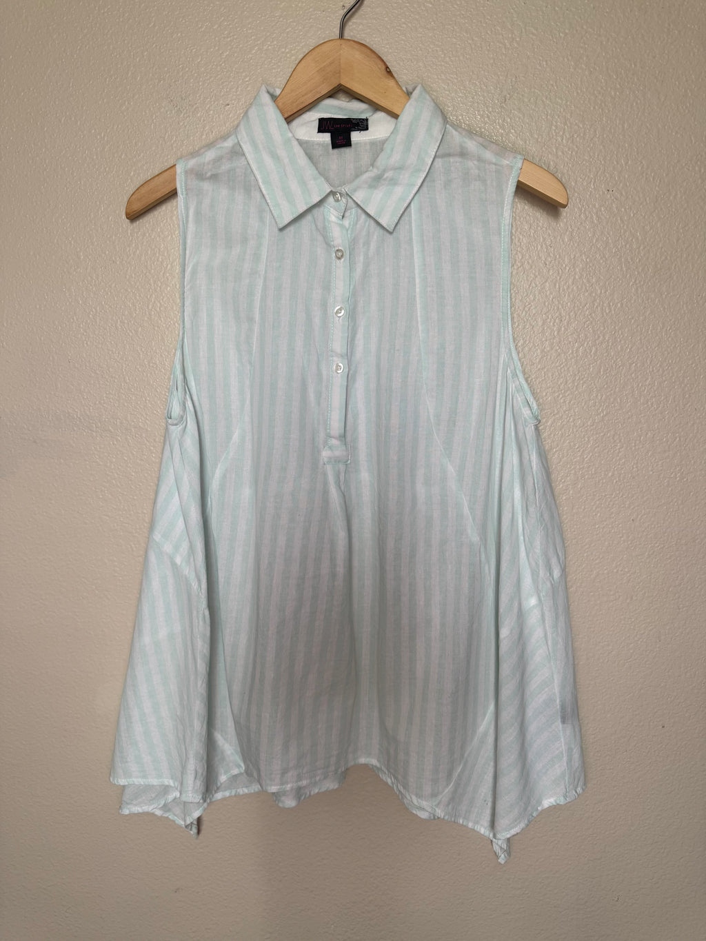 JW Style 100% Cotton M Mint Green and White Striped Collared Flowy Tunic Tank Top