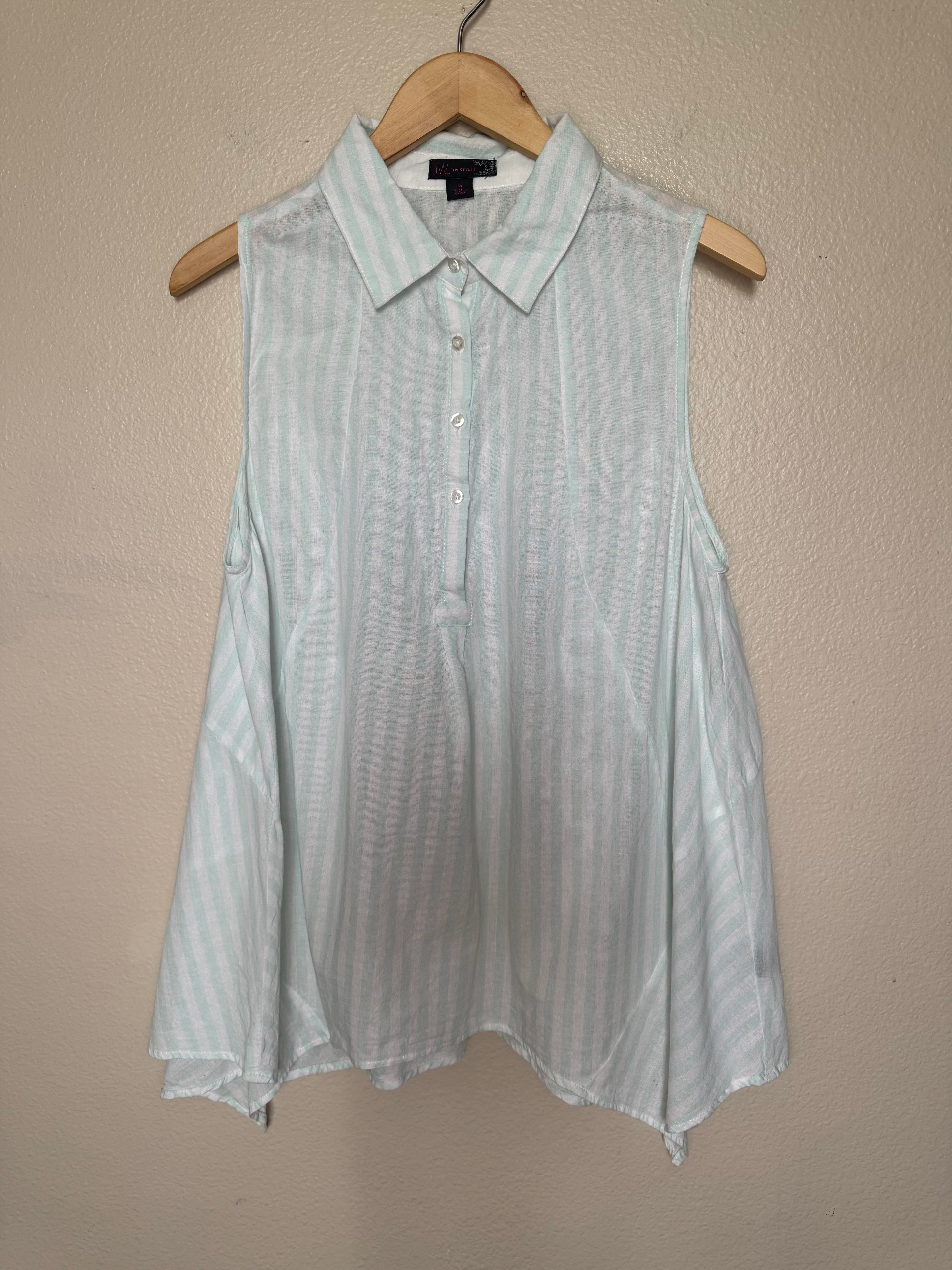 JW Style 100% Cotton M Mint Green and White Striped Collared Flowy Tunic Tank Top