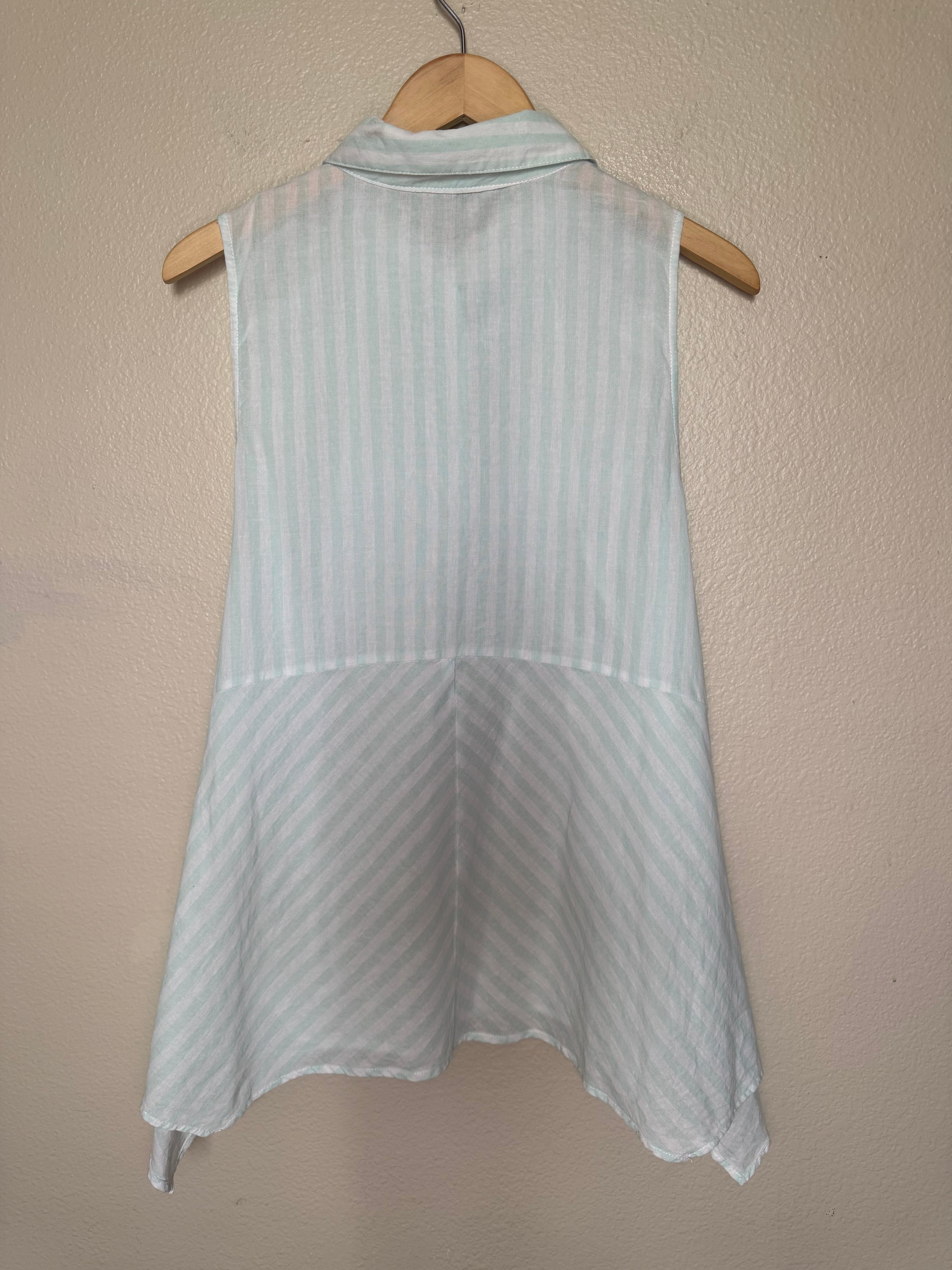 JW Style 100% Cotton M Mint Green and White Striped Collared Flowy Tunic Tank Top