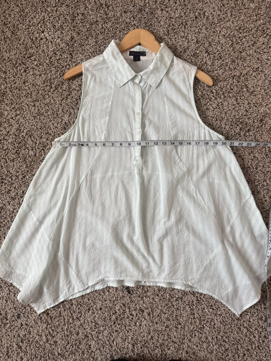 JW Style 100% Cotton M Mint Green and White Striped Collared Flowy Tunic Tank Top
