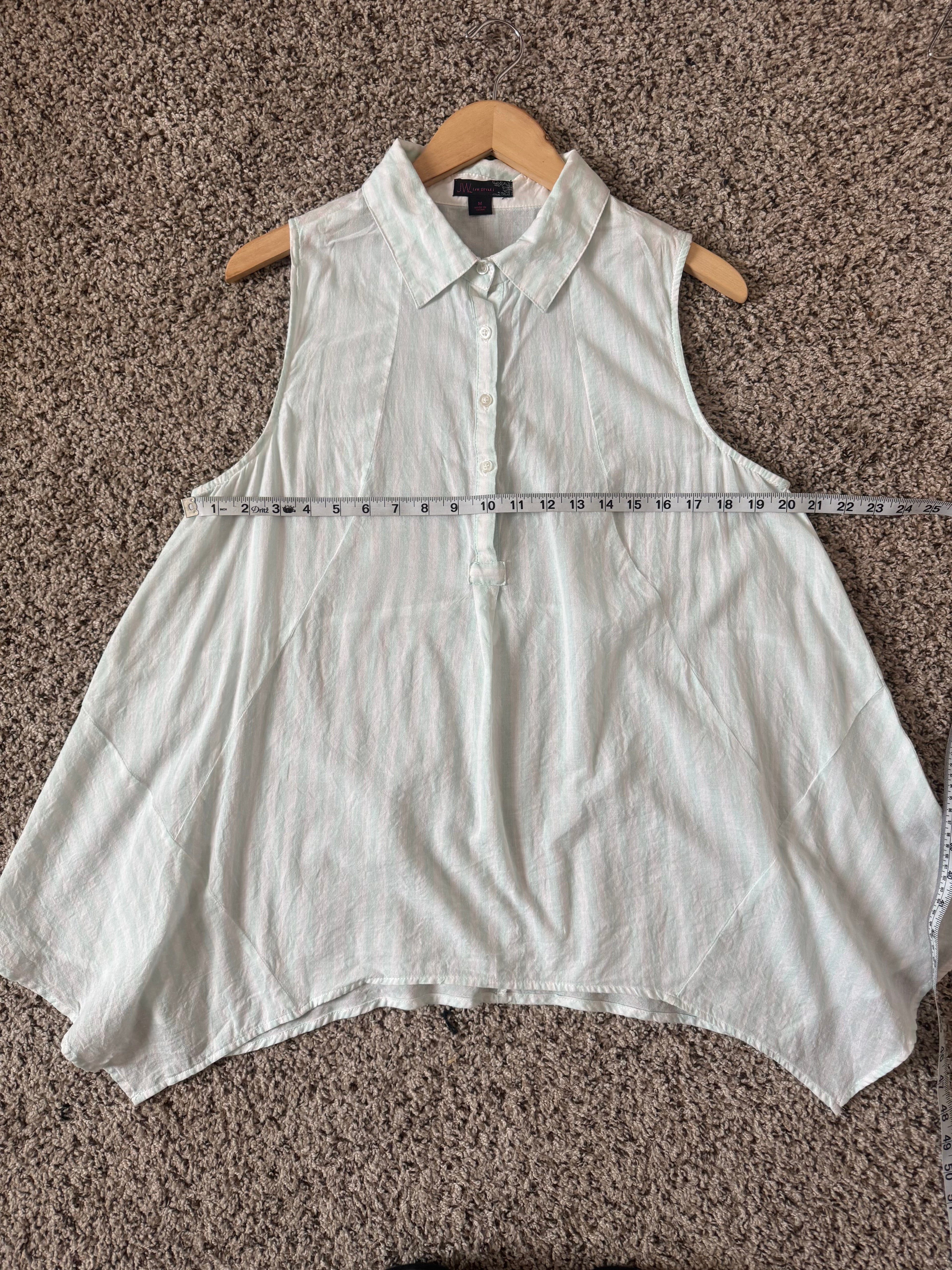 JW Style 100% Cotton M Mint Green and White Striped Collared Flowy Tunic Tank Top
