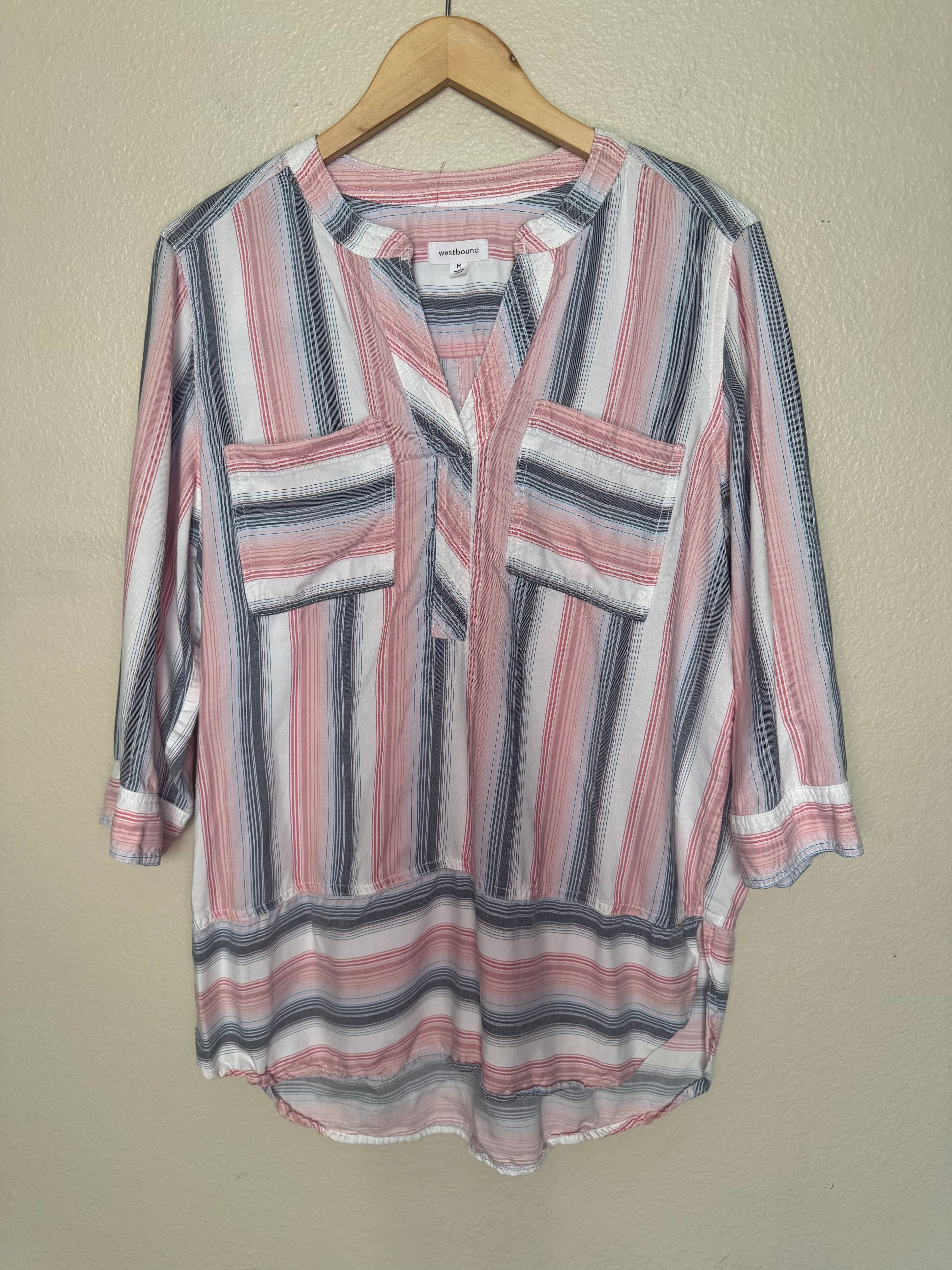 Westbound 100% Tencel Lyocell M Light Pink White and Navy Blue Striped 3/4 Sleeve Shirt