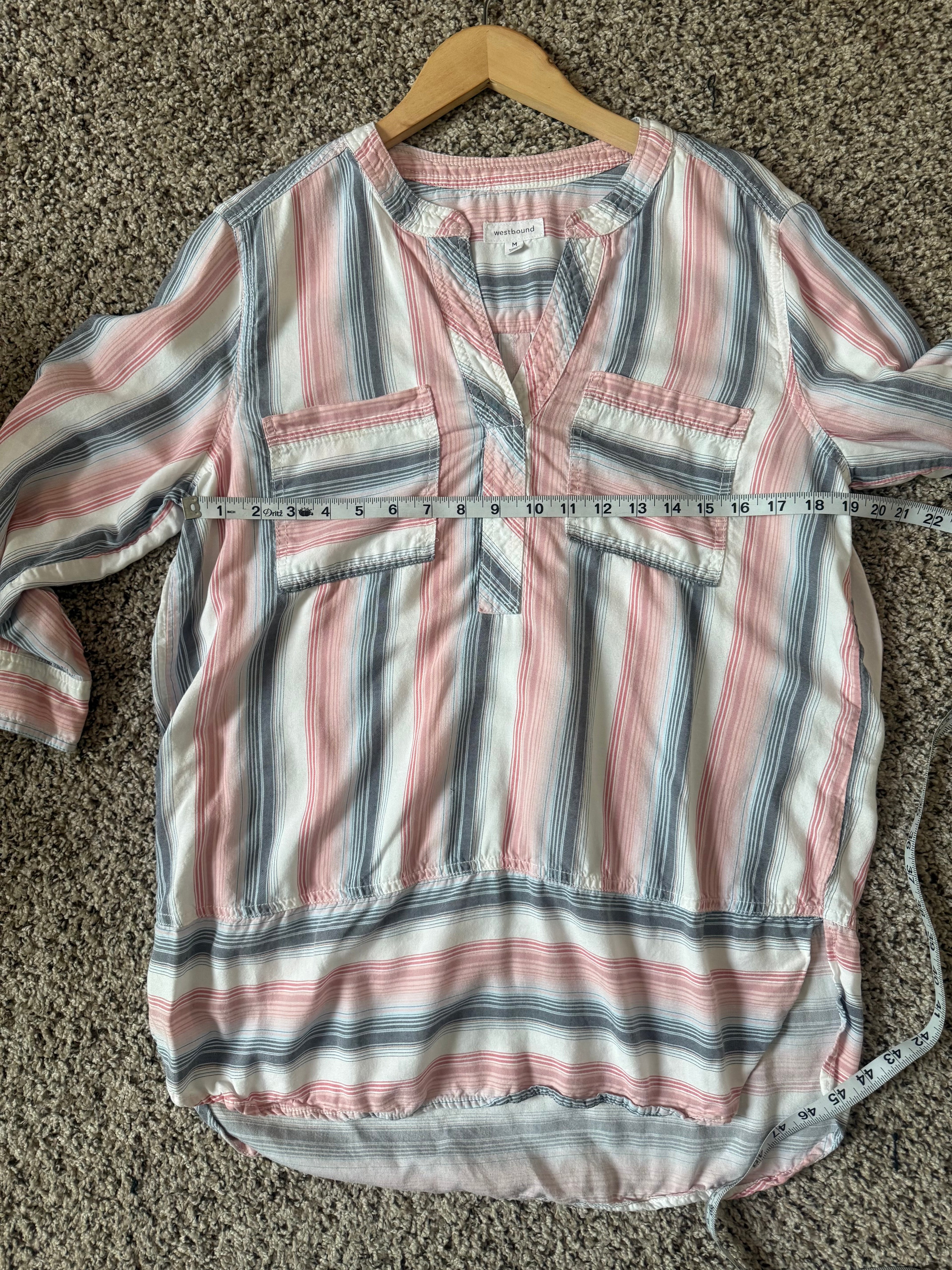 Westbound 100% Tencel Lyocell M Light Pink White and Navy Blue Striped 3/4 Sleeve Shirt