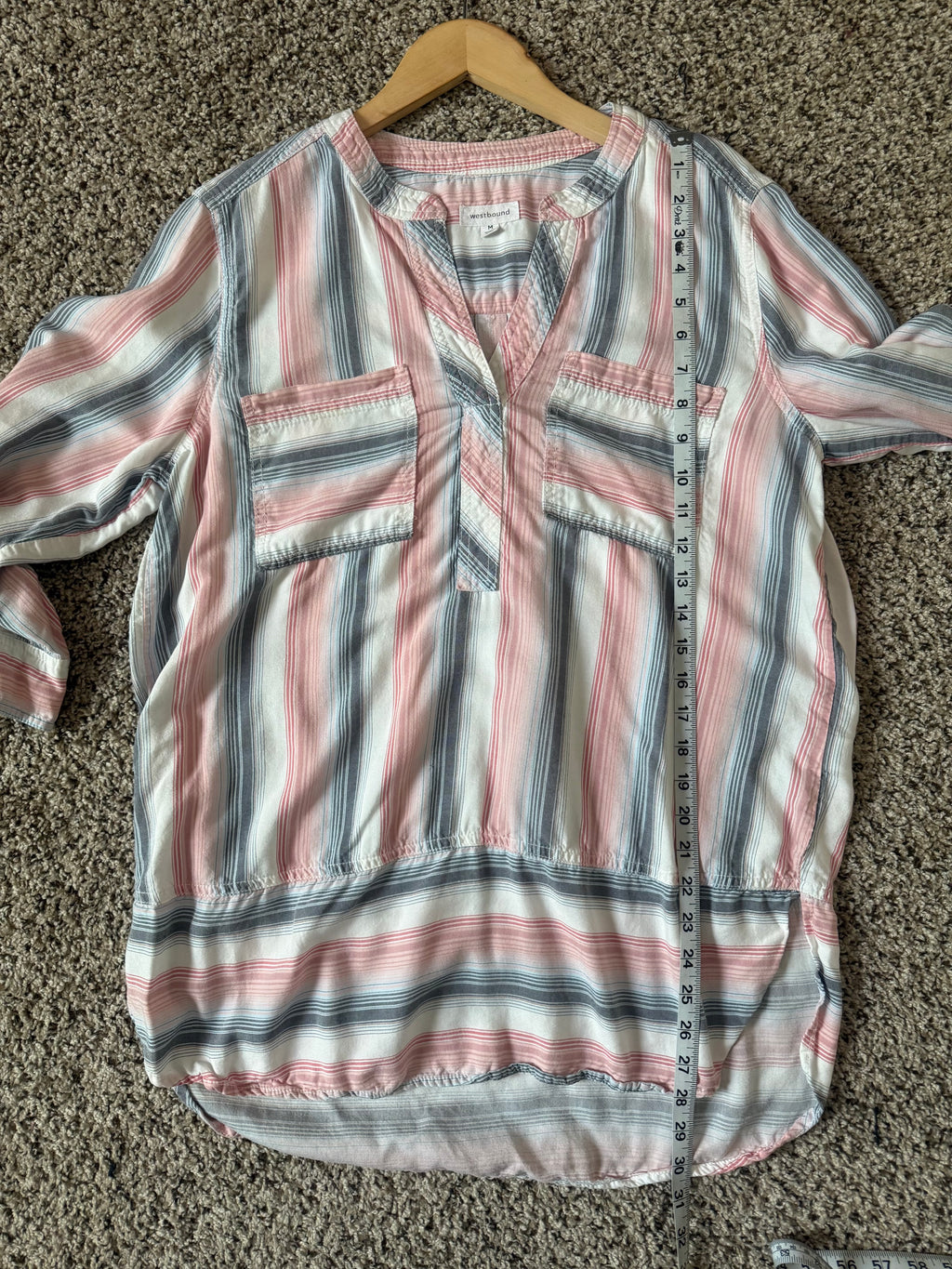 Westbound 100% Tencel Lyocell M Light Pink White and Navy Blue Striped 3/4 Sleeve Shirt
