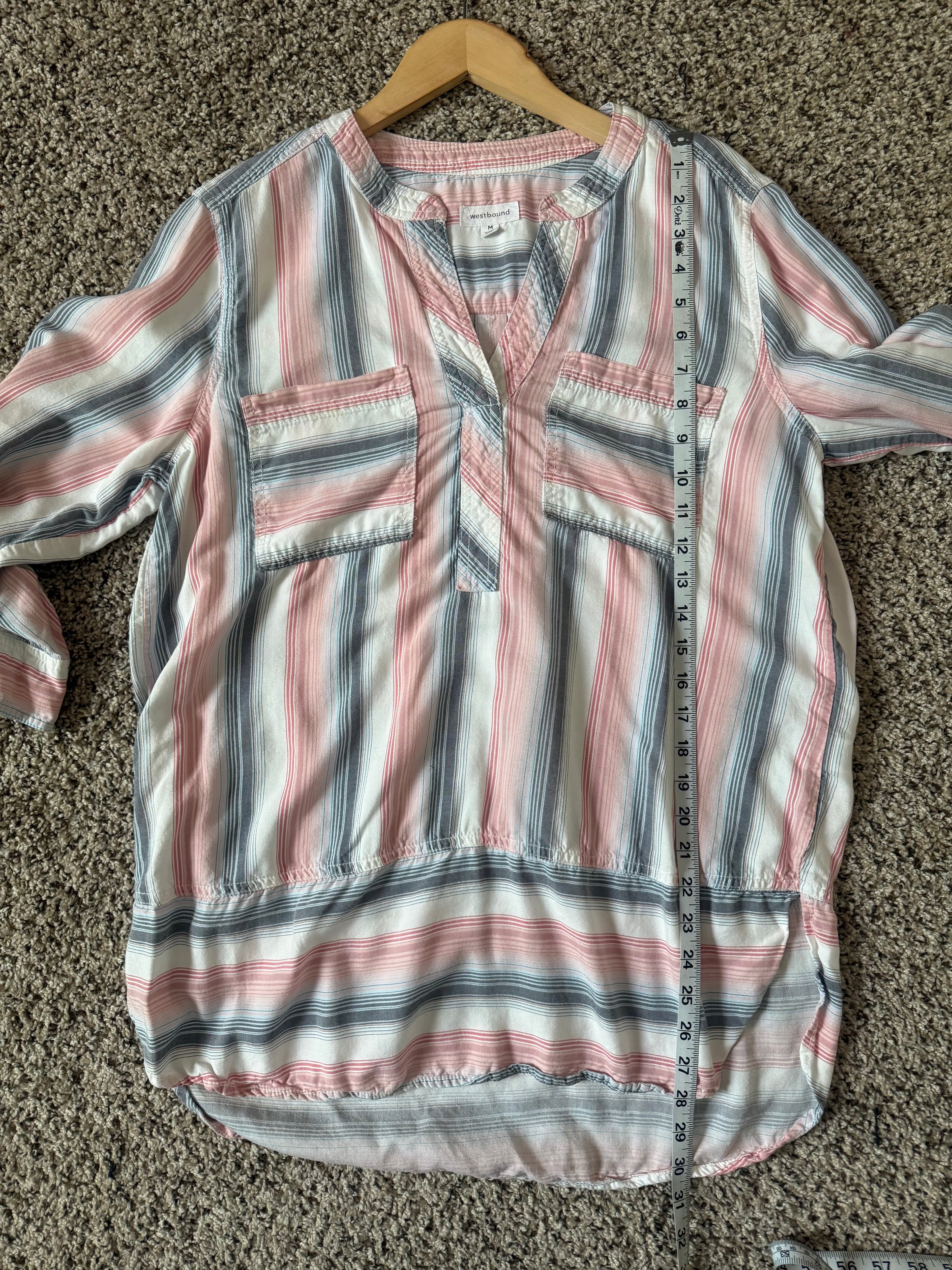 Westbound 100% Tencel Lyocell M Light Pink White and Navy Blue Striped 3/4 Sleeve Shirt