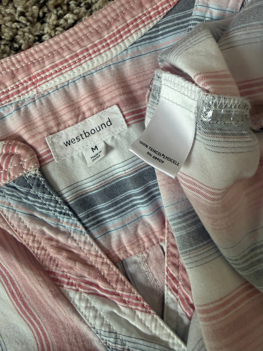 Westbound 100% Tencel Lyocell M Light Pink White and Navy Blue Striped 3/4 Sleeve Shirt