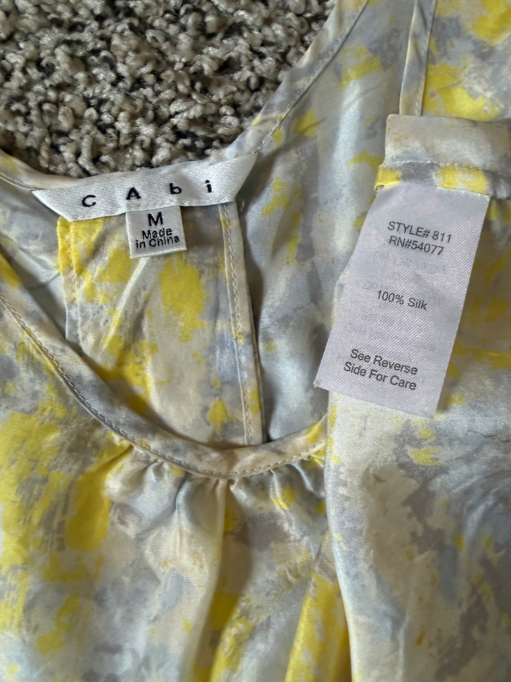 Cabi 100% Silk M Yellow Grey and White Tank Top