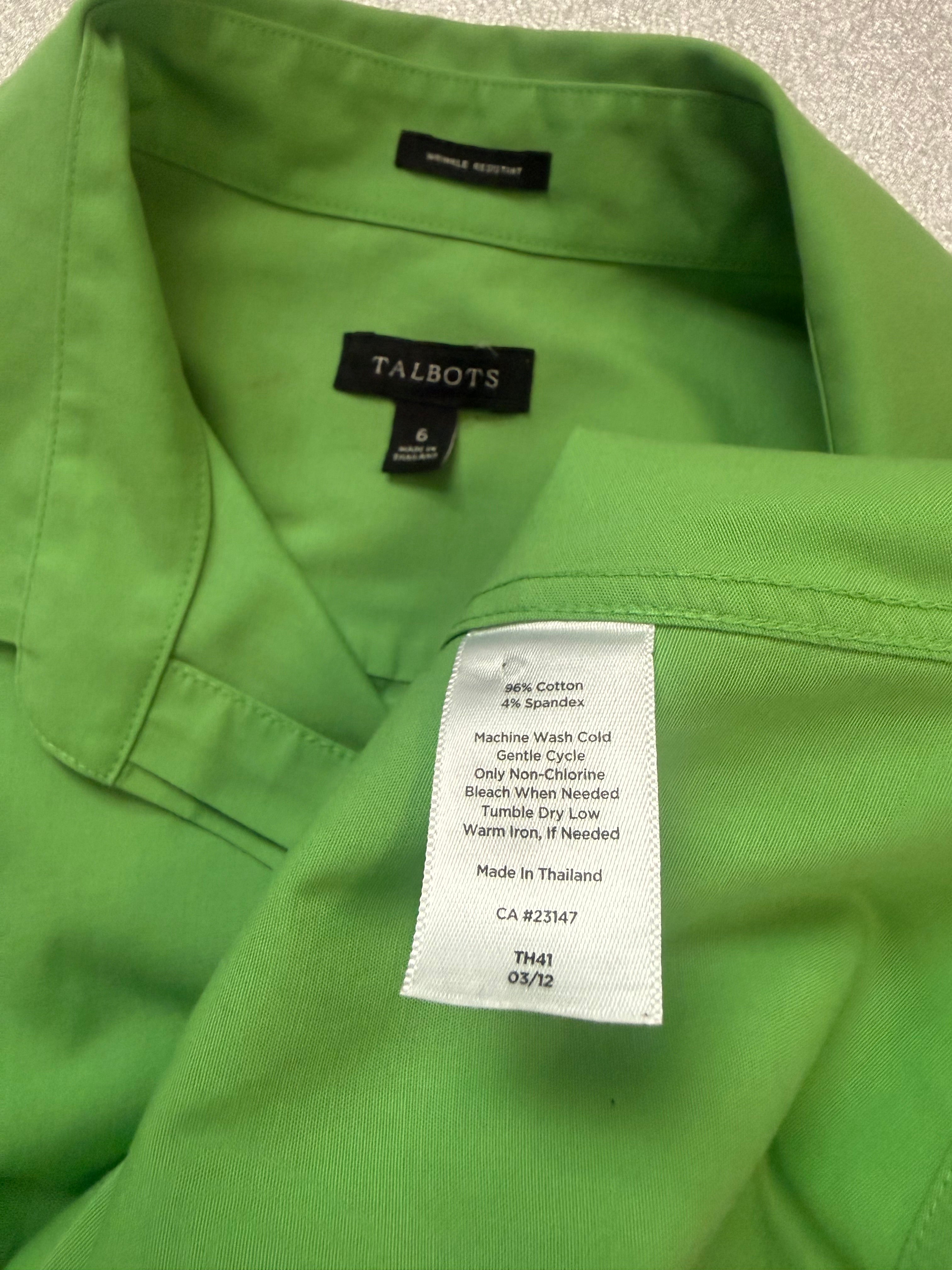 Talbots 96% Cotton 4% Spandex Size 6 Bright Green Collared Button Down Tank Top