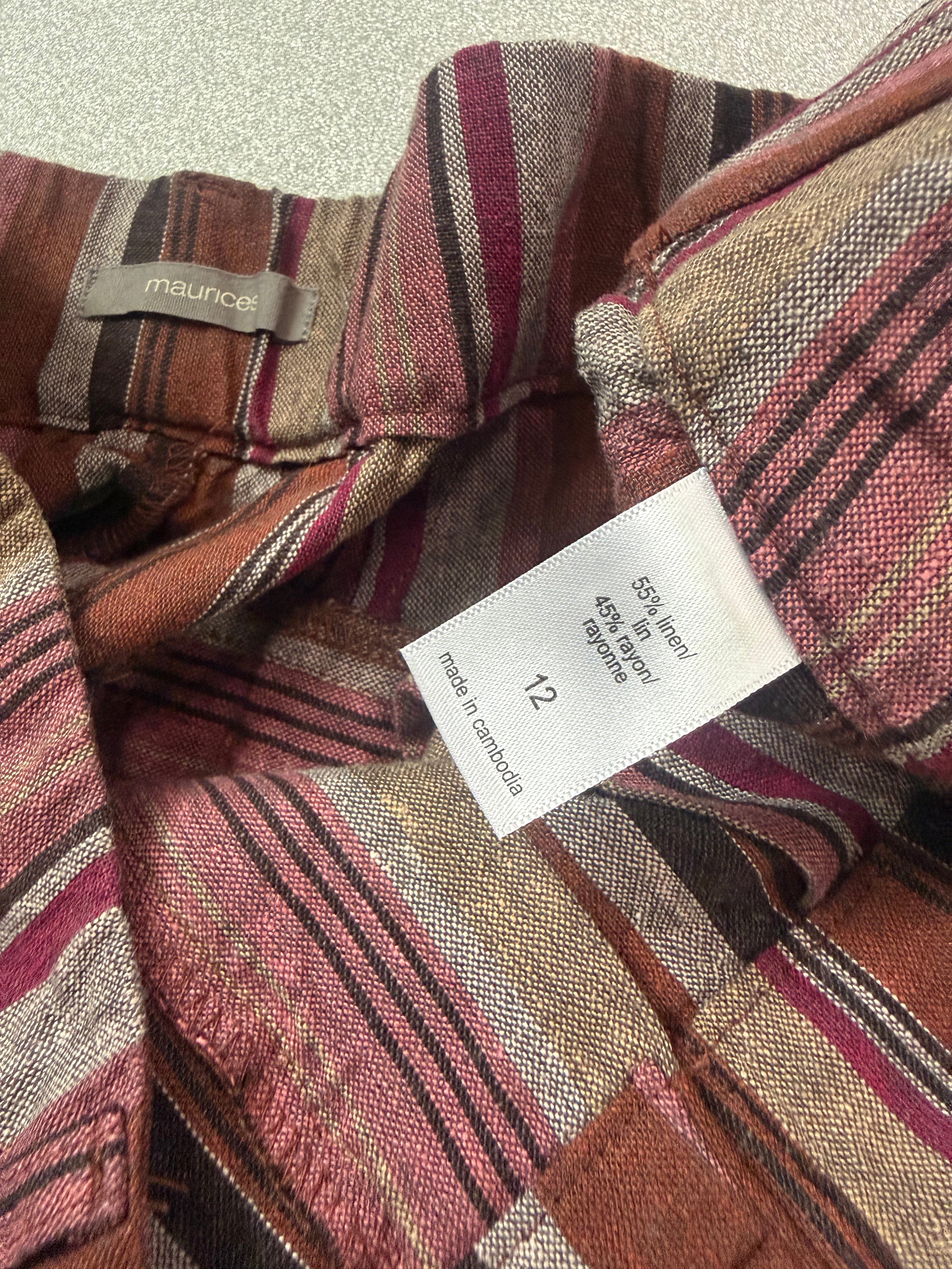 Maurices 55% Linen 45% Rayon Size 12 Muave Grey and Black Striped Shorts
