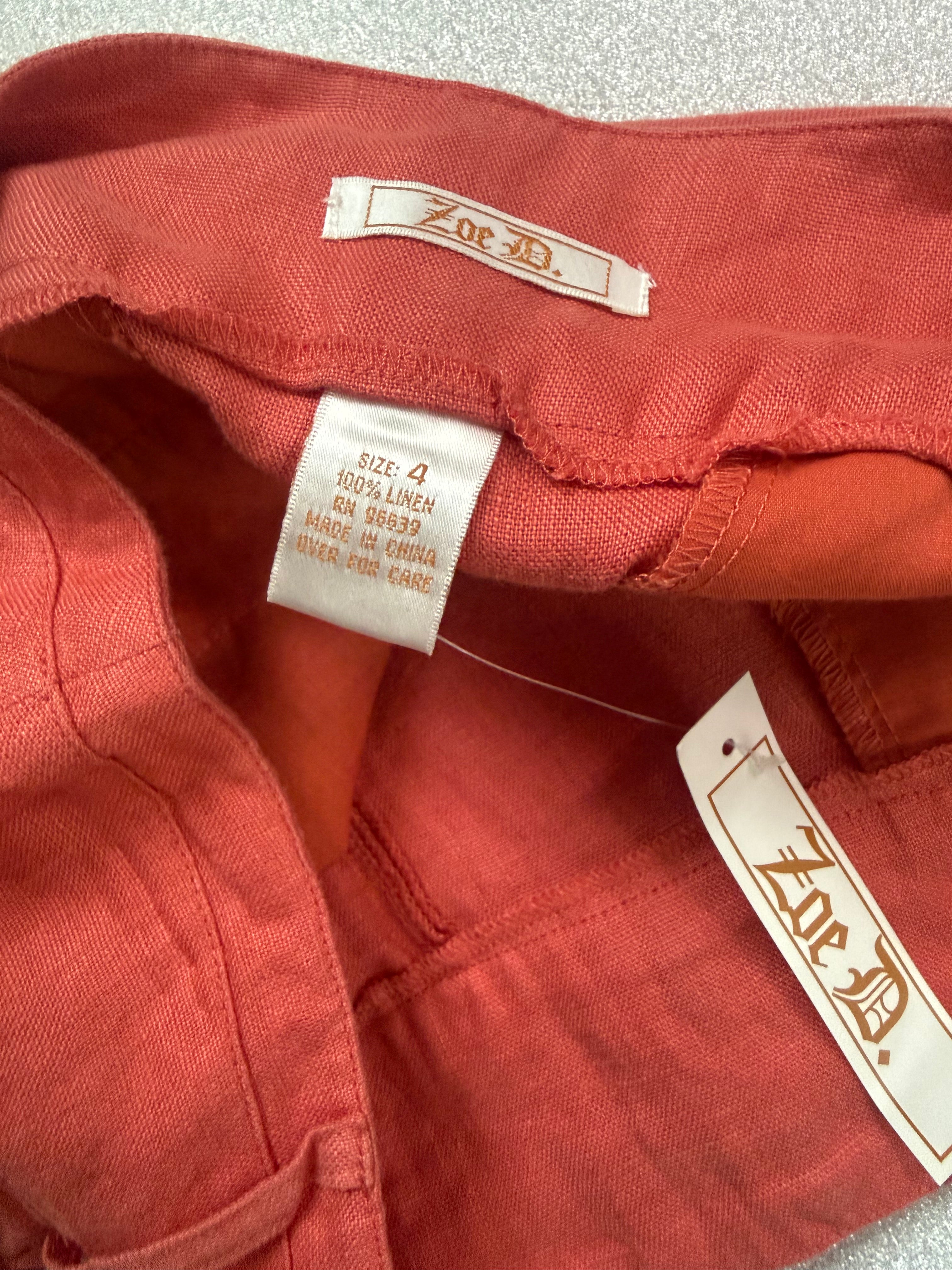 Zoe D 100% Linen Size 4 Coral-Orange Capris