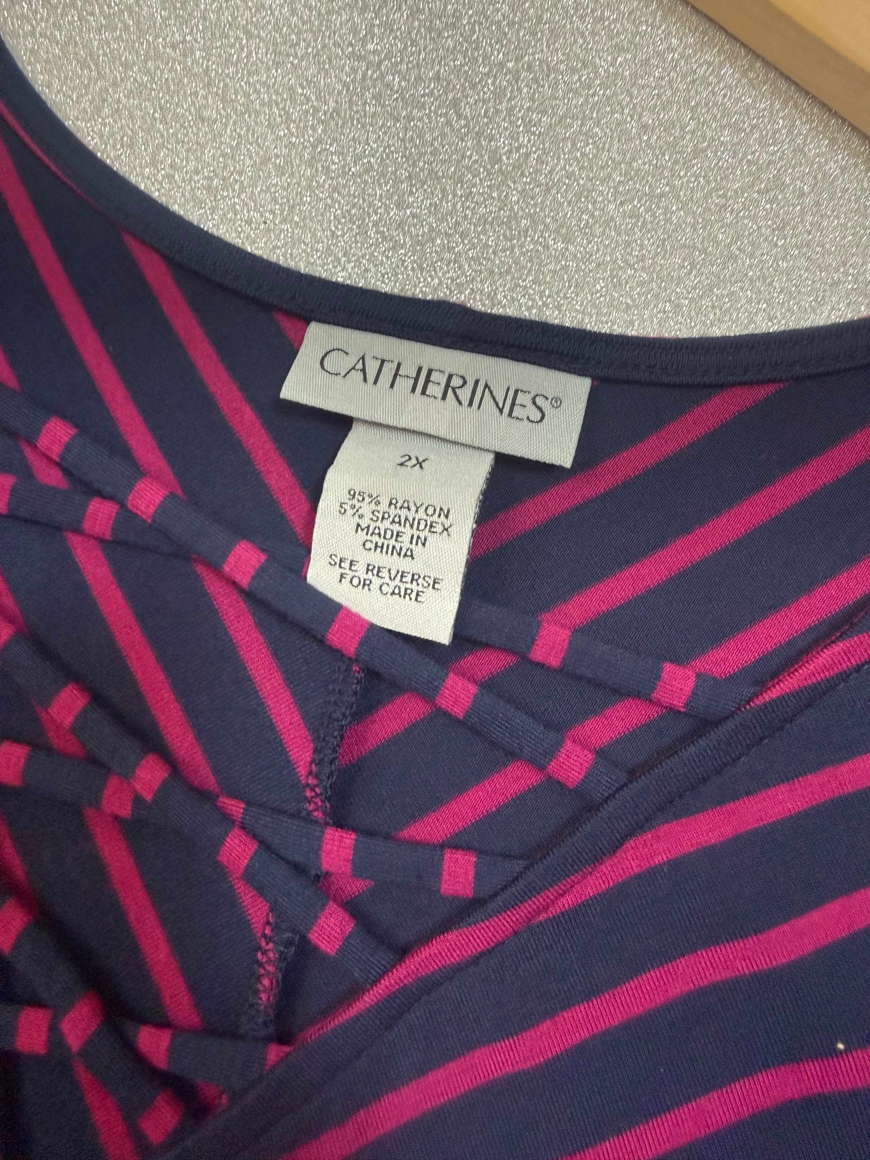 Catherines 95% Rayon 5% Spandex 2X Navy Blue with Magenta Stripes Midi Dress