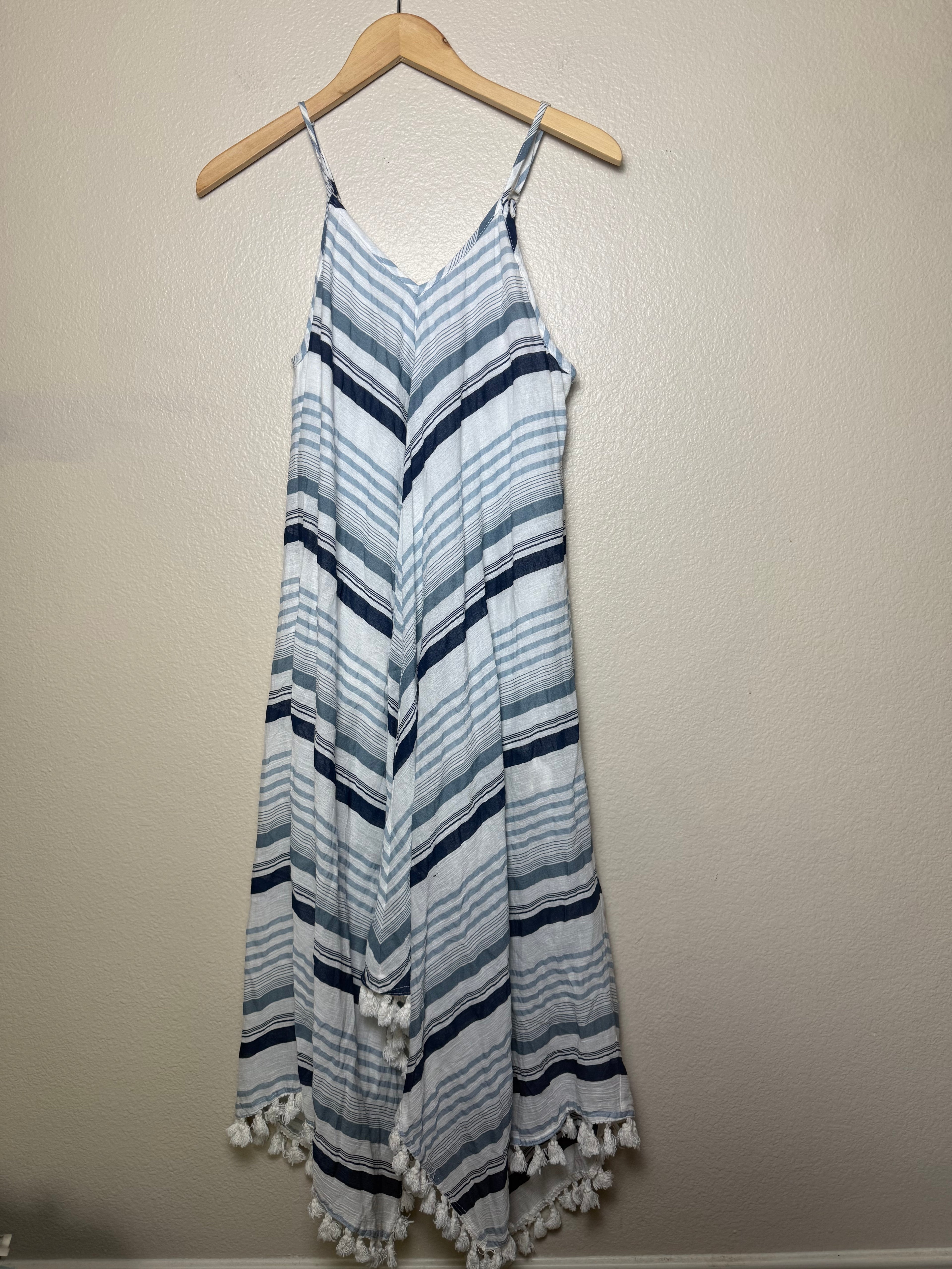 Rebellion 100% Cotton M White with Navy Blue Stripes Spaghetti Strap Midi Dress