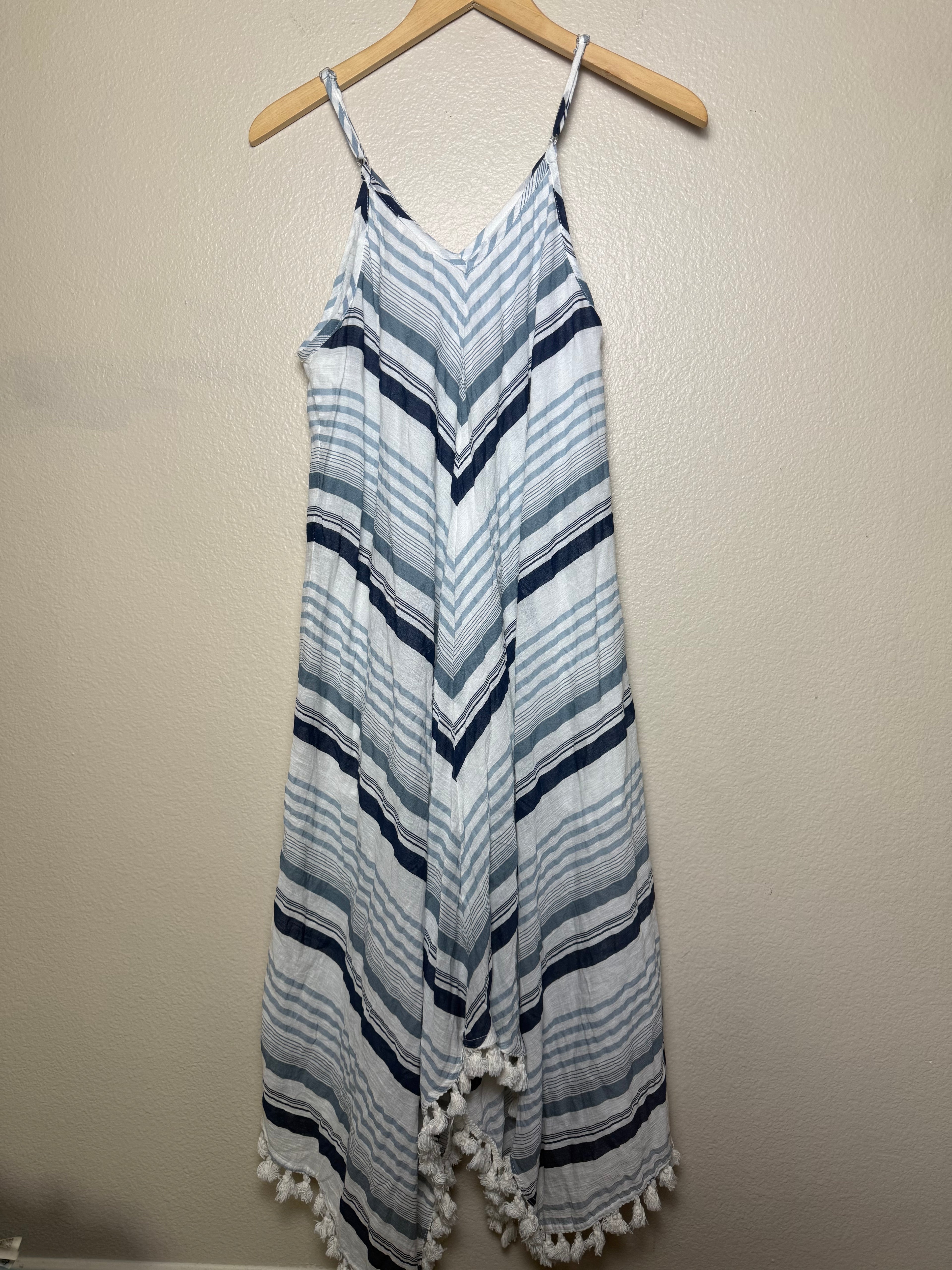 Rebellion 100% Cotton M White with Navy Blue Stripes Spaghetti Strap Midi Dress