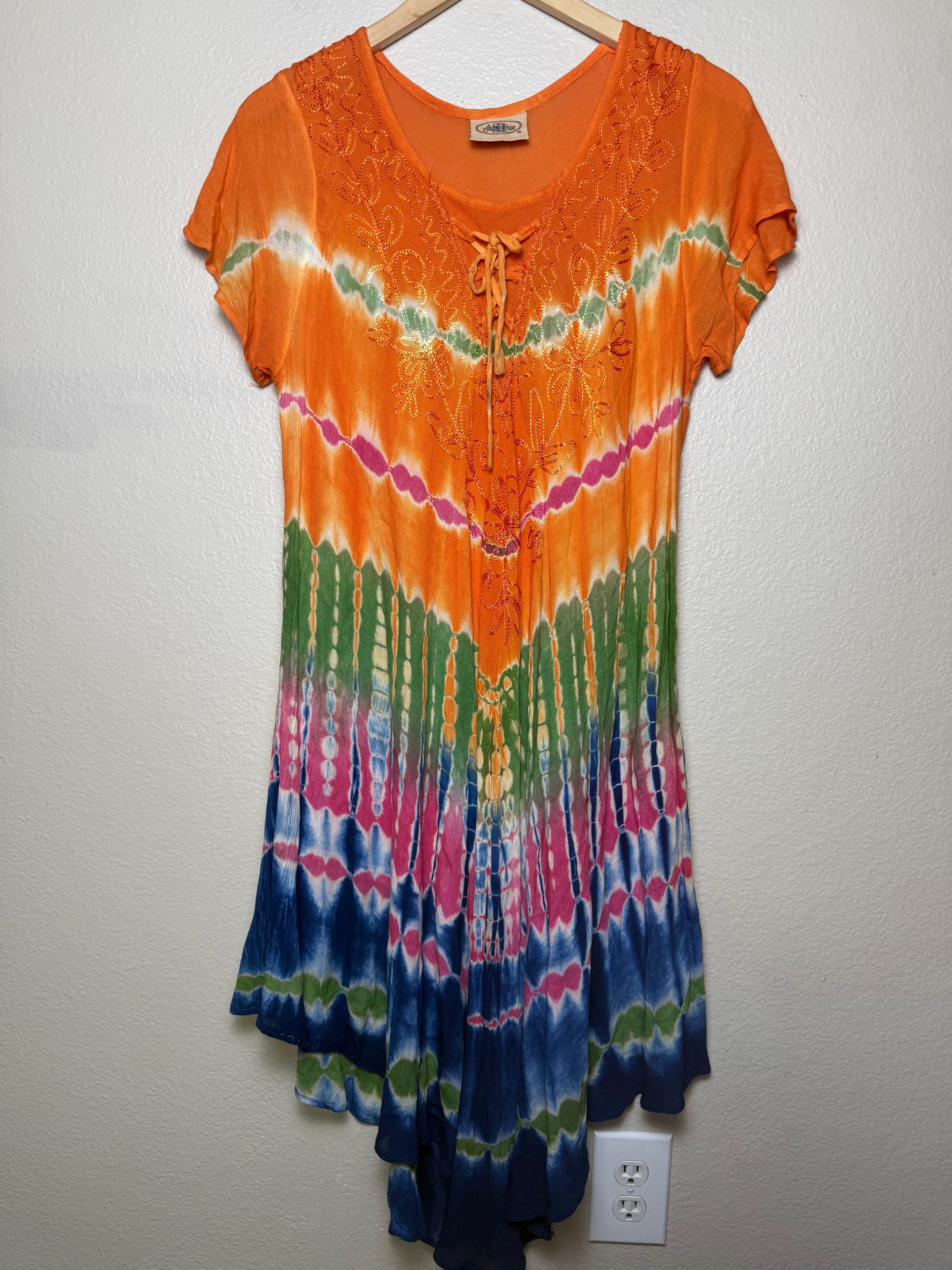 Shore Drive 100% Viscose M/L Multicolored Tie Dye Short Sleeve Midi Dress