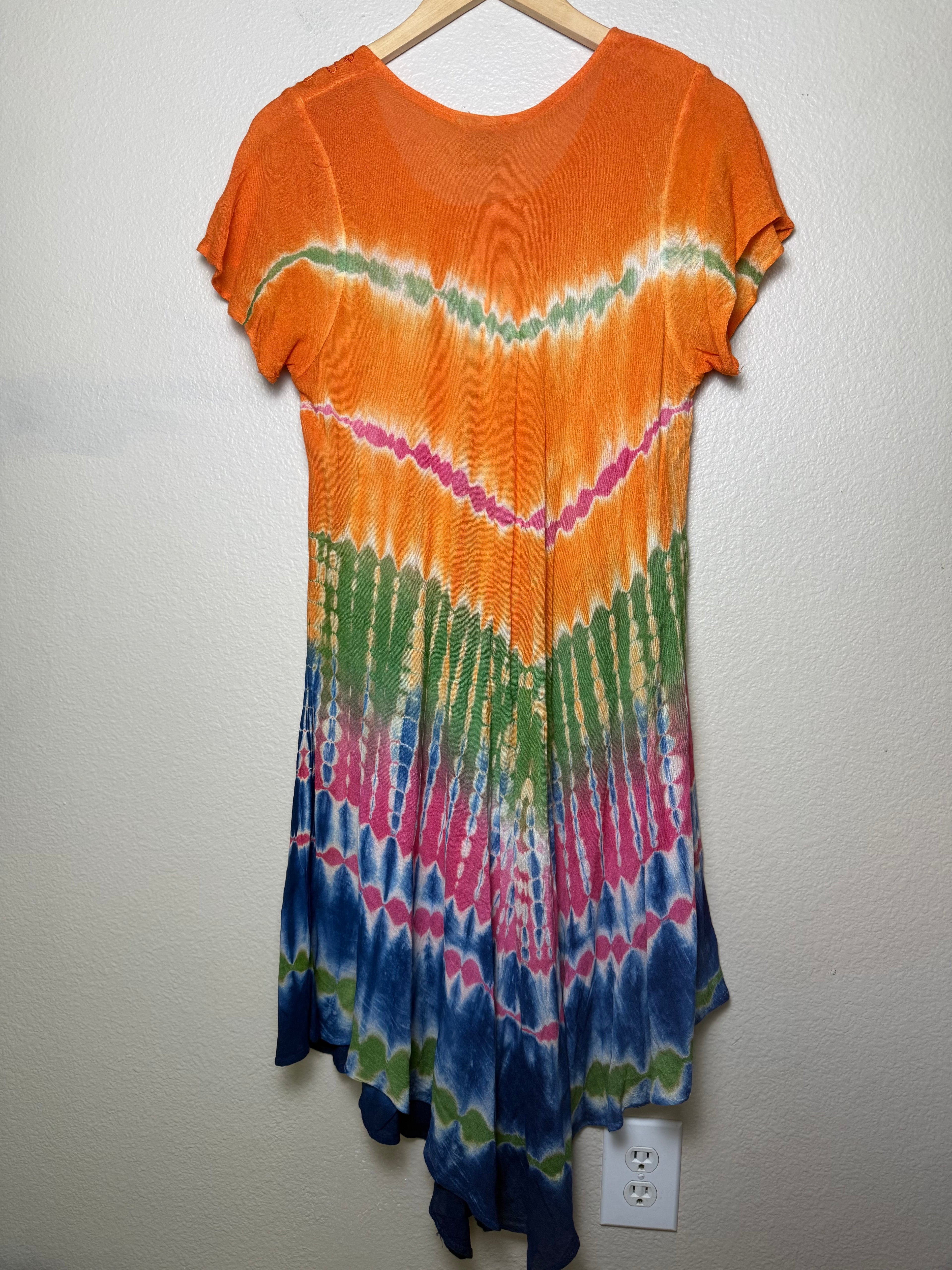 Shore Drive 100% Viscose M/L Multicolored Tie Dye Short Sleeve Midi Dress