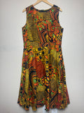 Ashro 100% Cotton Size 16W Yellow Orange Black and Green Abstract A-Line Midi Dress with Gold Threads