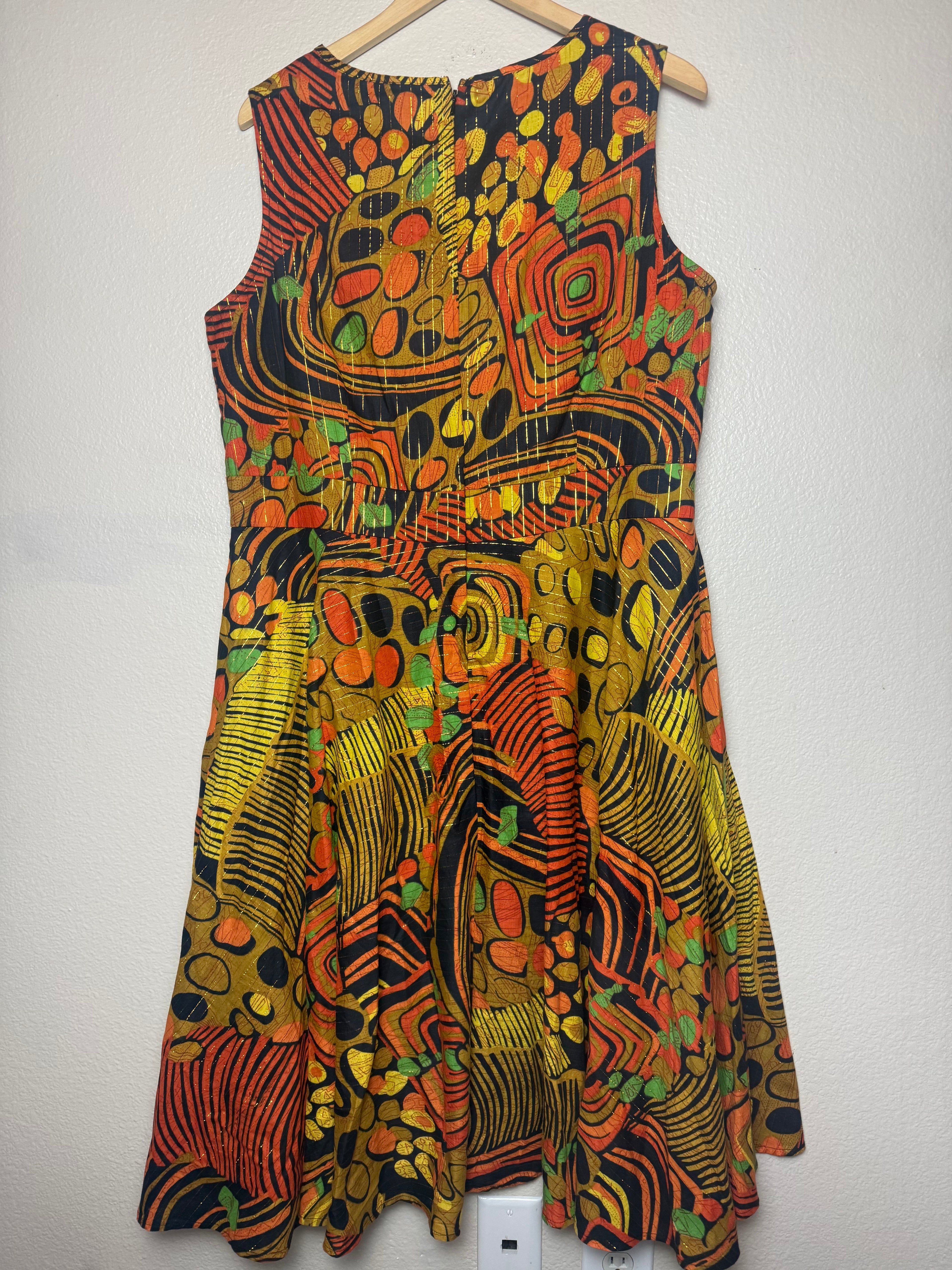 Ashro 100% Cotton Size 16W Yellow Orange Black and Green Abstract A-Line Midi Dress with Gold Threads