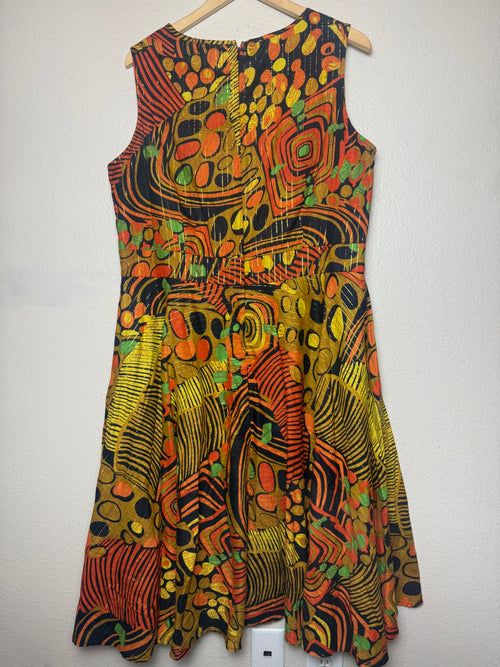 Ashro 100% Cotton Size 16W Yellow Orange Black and Green Abstract A-Line Midi Dress with Gold Threads