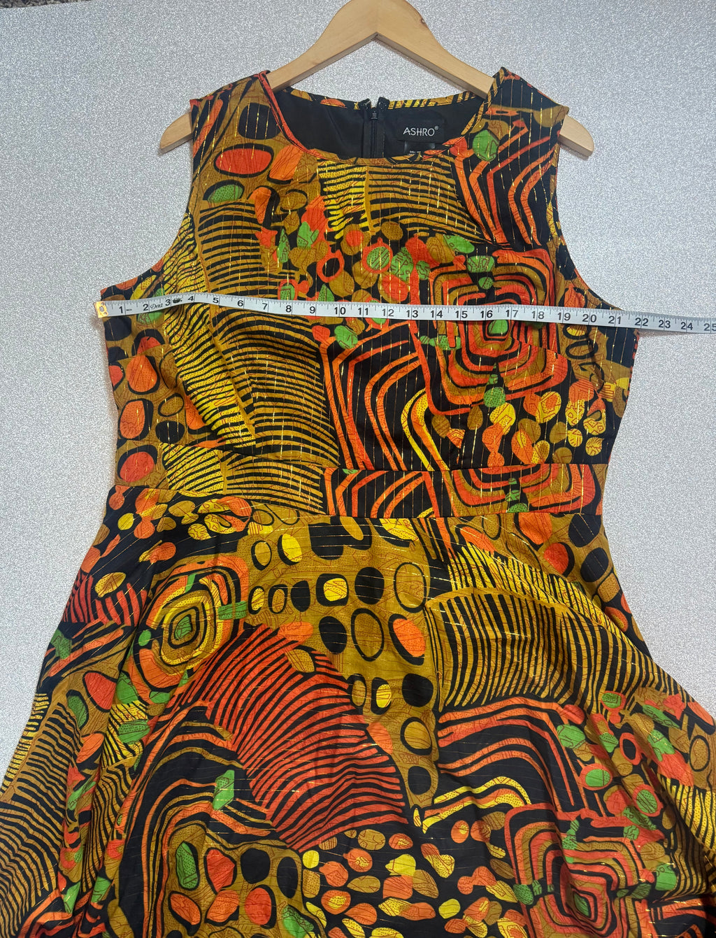 Ashro 100% Cotton Size 16W Yellow Orange Black and Green Abstract A-Line Midi Dress with Gold Threads