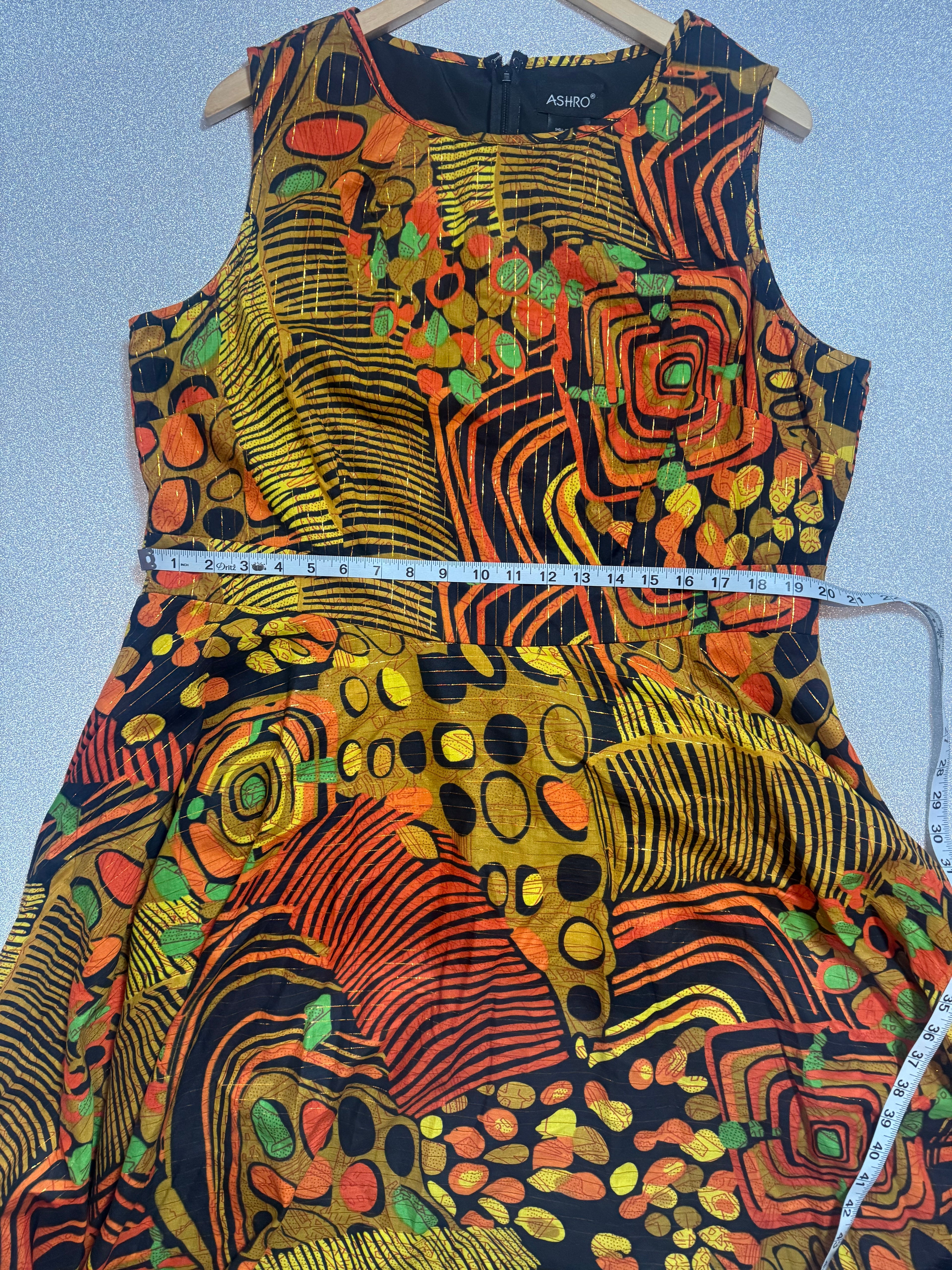 Ashro 100% Cotton Size 16W Yellow Orange Black and Green Abstract A-Line Midi Dress with Gold Threads
