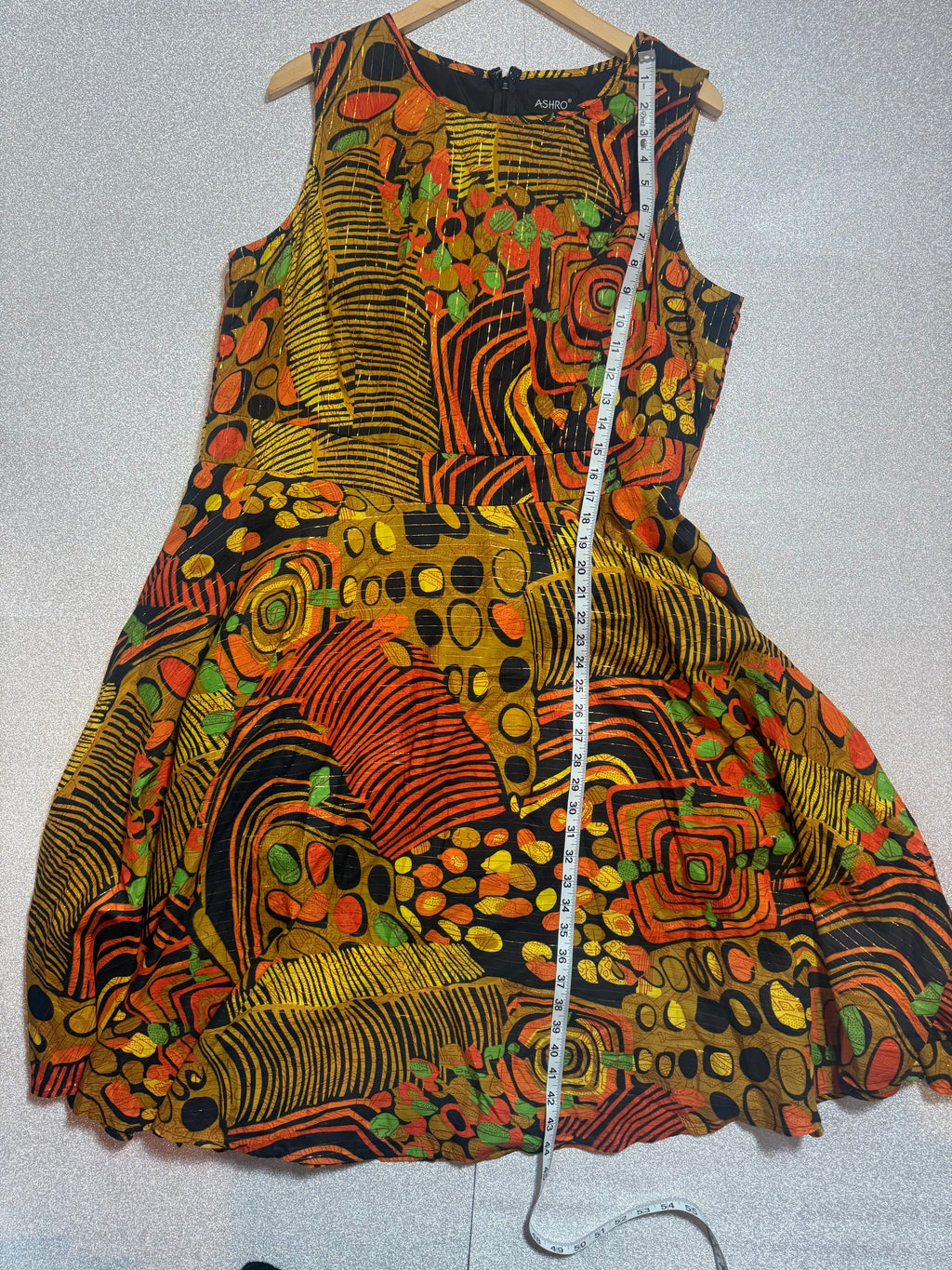 Ashro 100% Cotton Size 16W Yellow Orange Black and Green Abstract A-Line Midi Dress with Gold Threads