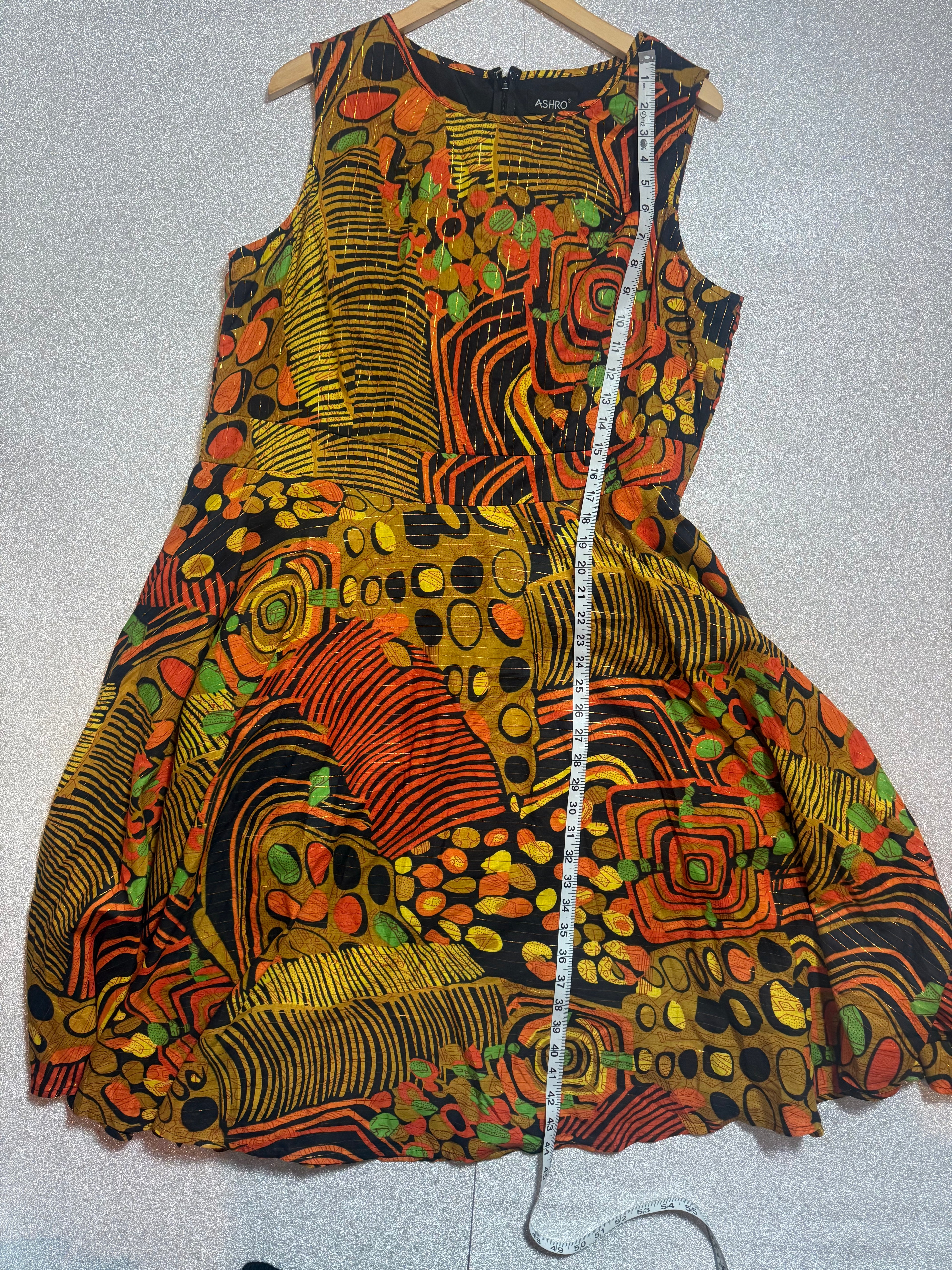 Ashro 100% Cotton Size 16W Yellow Orange Black and Green Abstract A-Line Midi Dress with Gold Threads