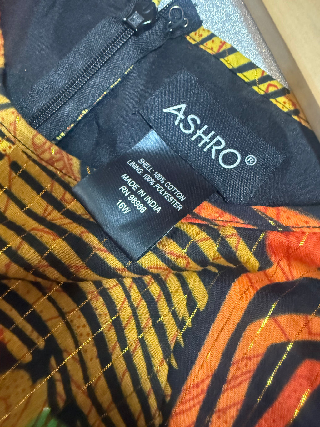 Ashro 100% Cotton Size 16W Yellow Orange Black and Green Abstract A-Line Midi Dress with Gold Threads