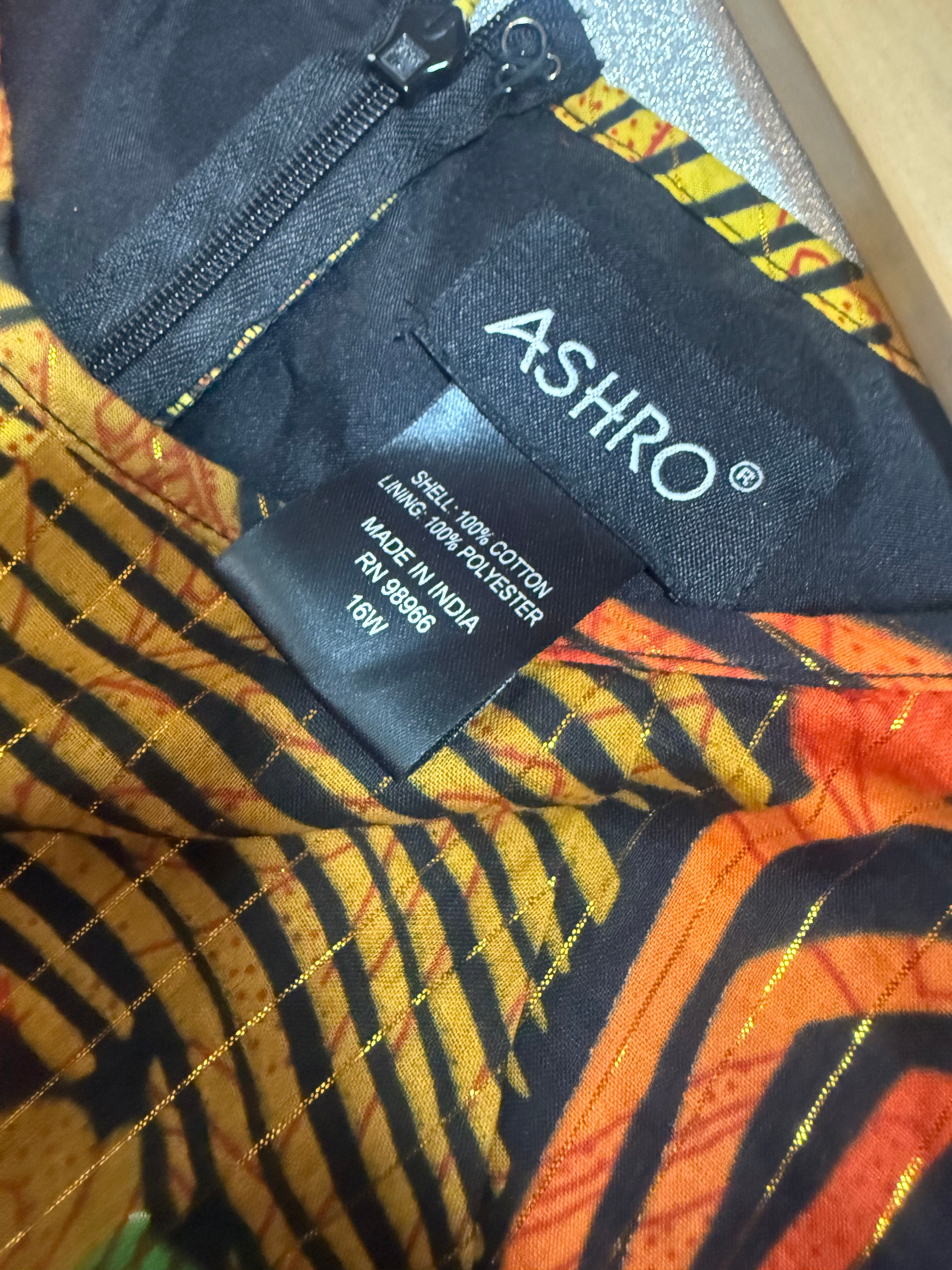 Ashro 100% Cotton Size 16W Yellow Orange Black and Green Abstract A-Line Midi Dress with Gold Threads