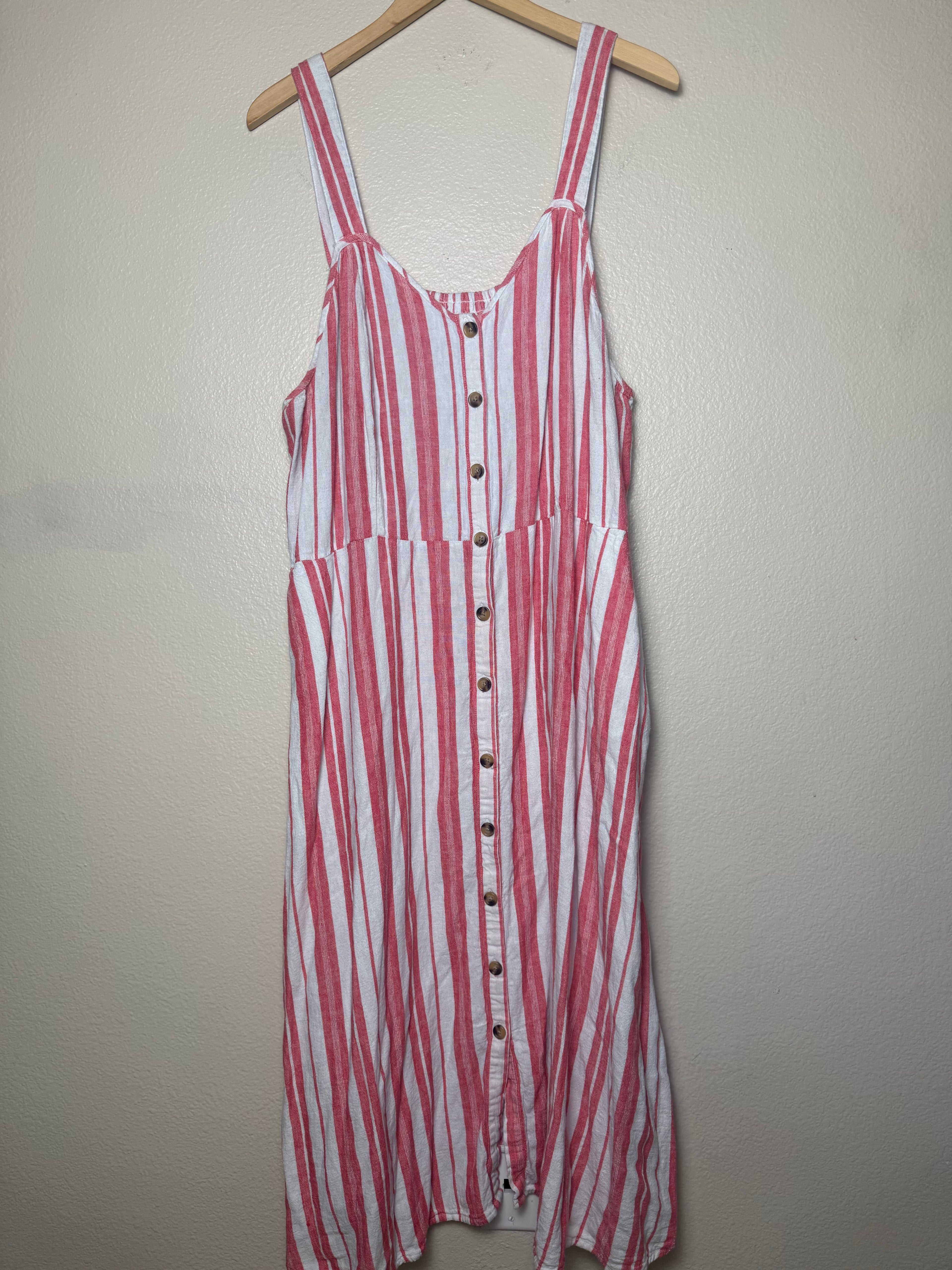 Terra & Sky 55% Linen 45% Rayon 2X White and Coral Striped Button Down Tank Top Midi Dress