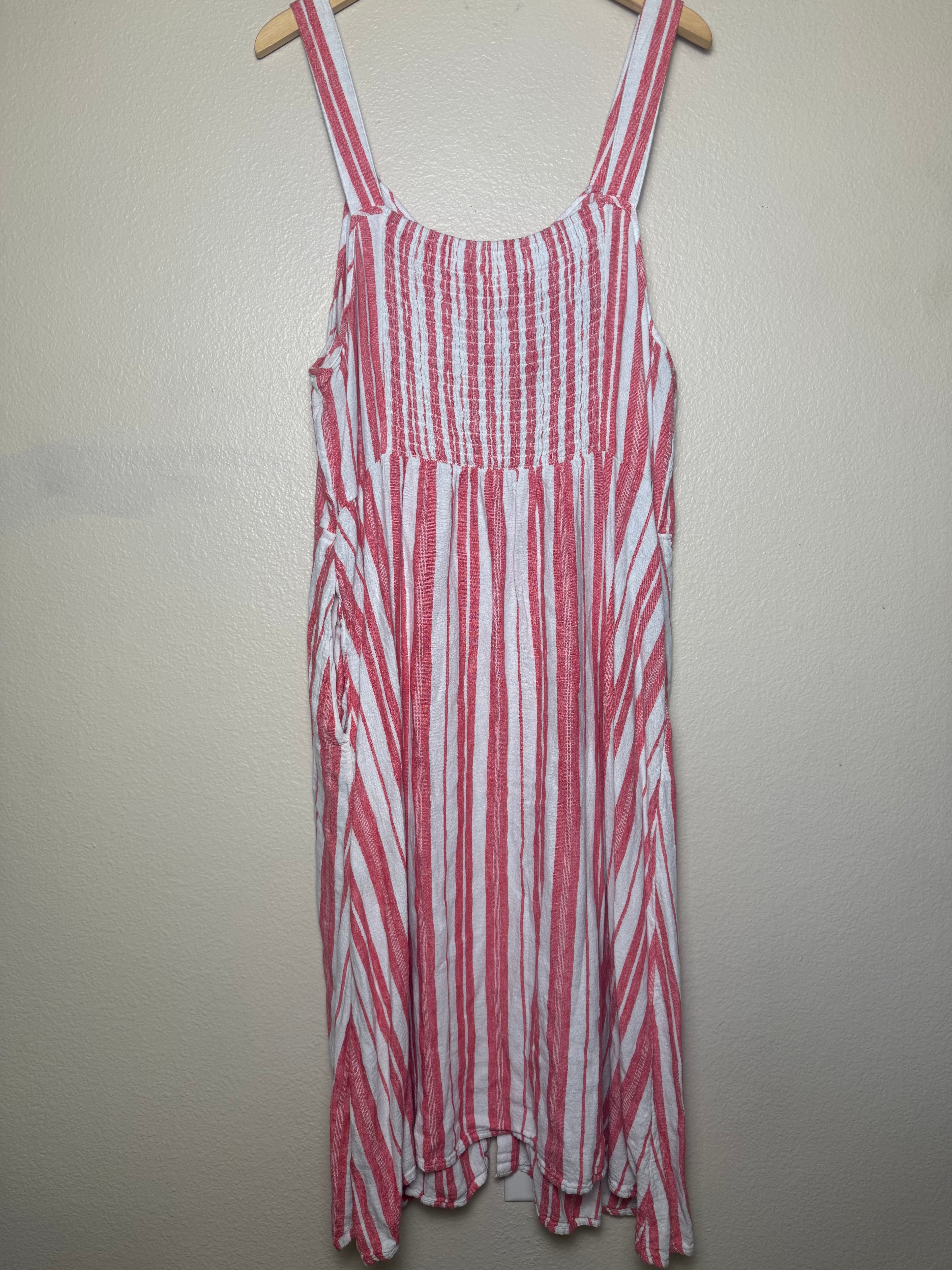 Terra & Sky 55% Linen 45% Rayon 2X White and Coral Striped Button Down Tank Top Midi Dress