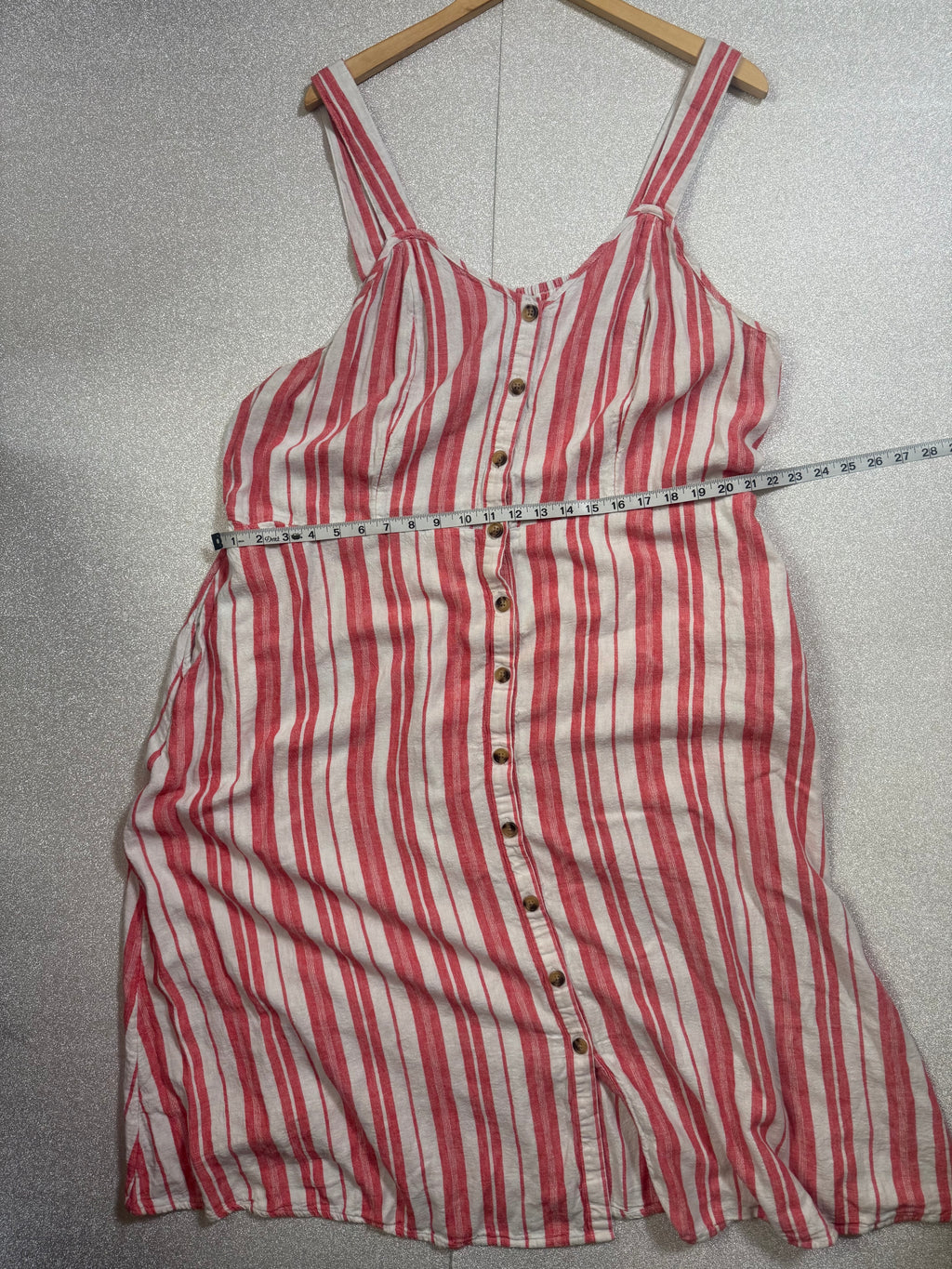 Terra & Sky 55% Linen 45% Rayon 2X White and Coral Striped Button Down Tank Top Midi Dress
