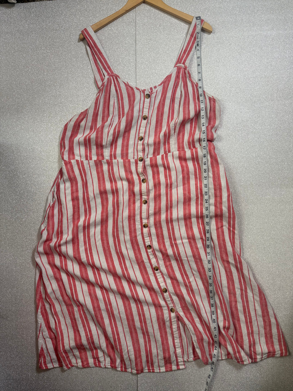 Terra & Sky 55% Linen 45% Rayon 2X White and Coral Striped Button Down Tank Top Midi Dress