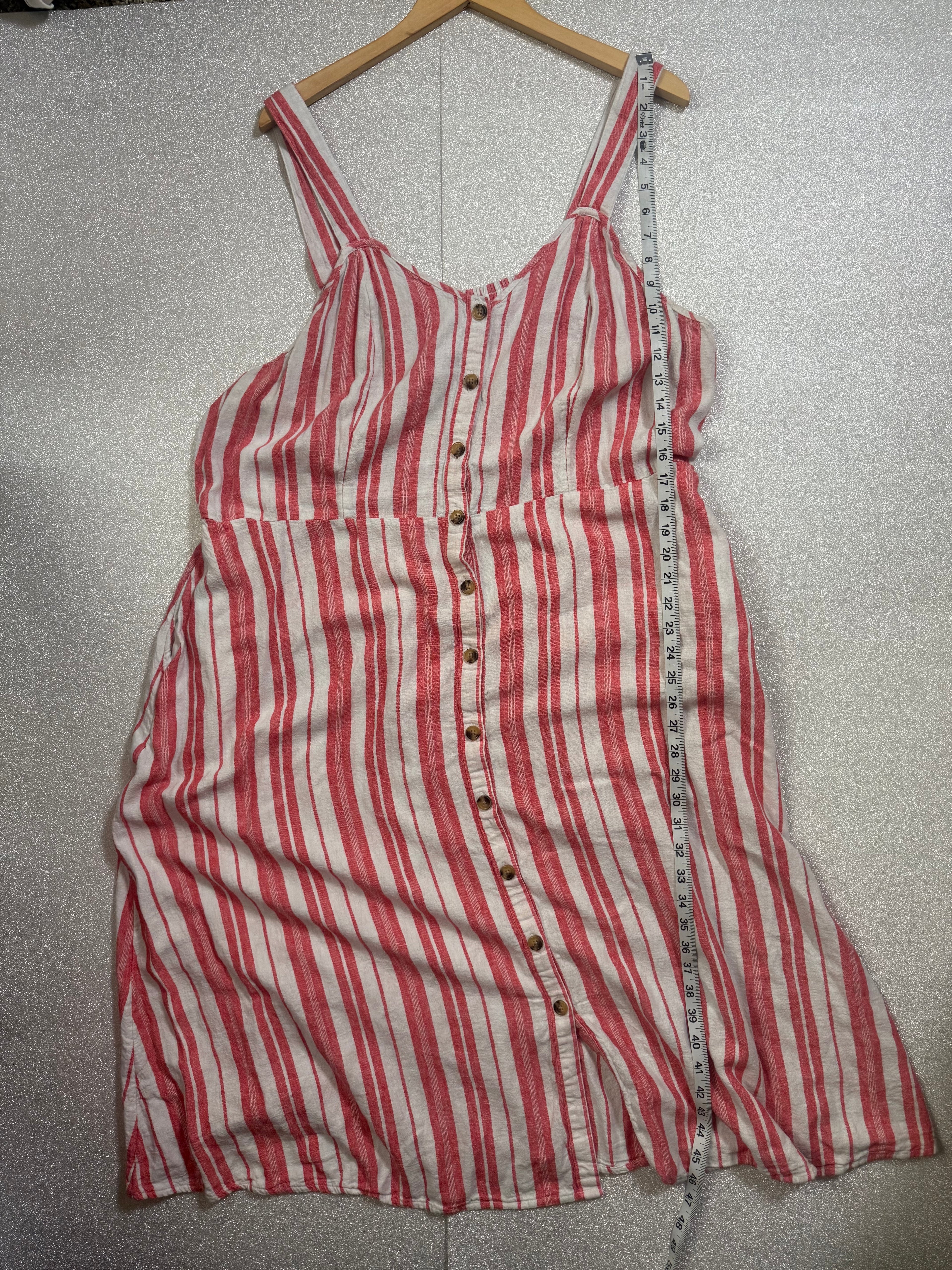 Terra & Sky 55% Linen 45% Rayon 2X White and Coral Striped Button Down Tank Top Midi Dress