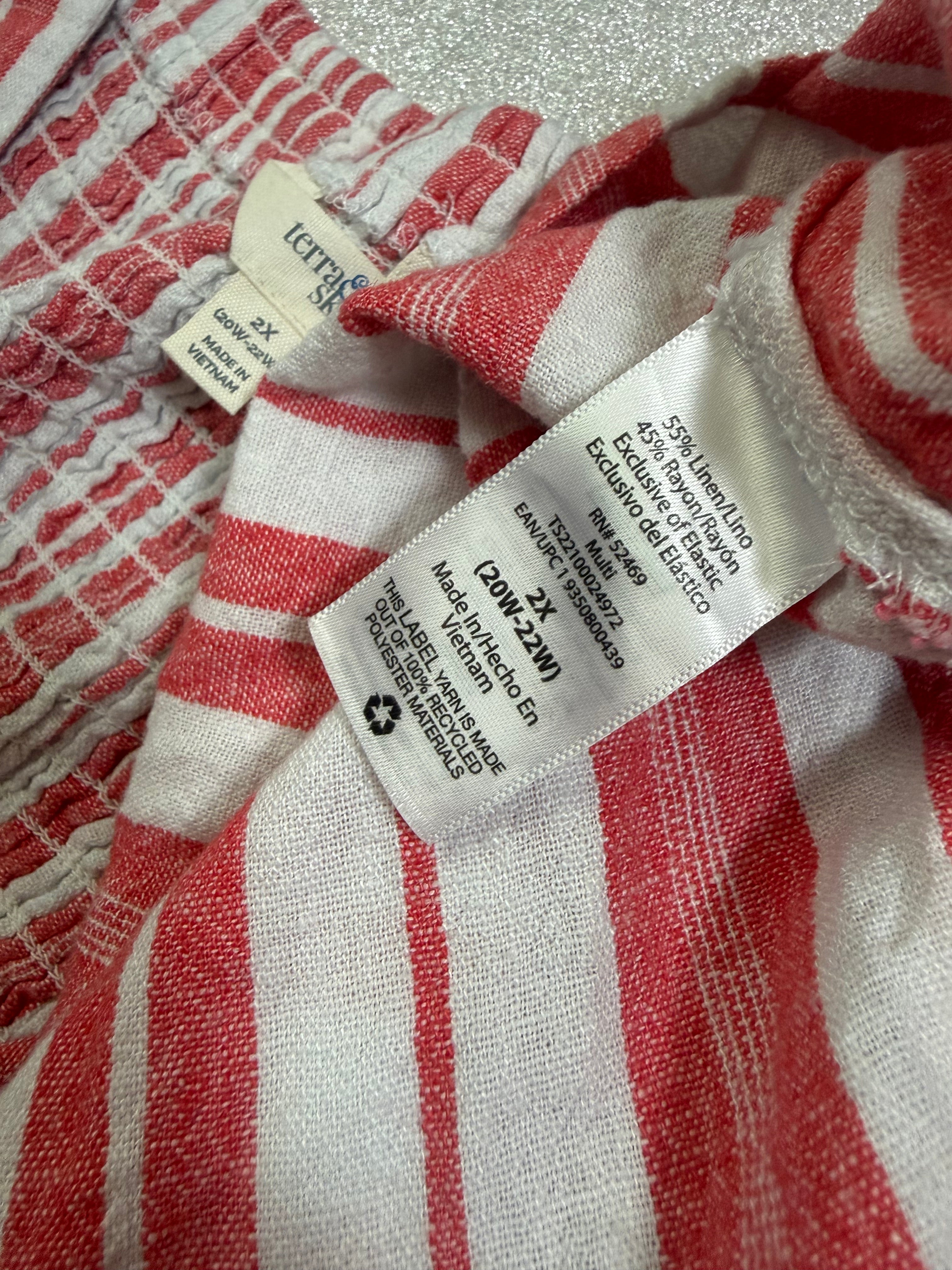 Terra & Sky 55% Linen 45% Rayon 2X White and Coral Striped Button Down Tank Top Midi Dress