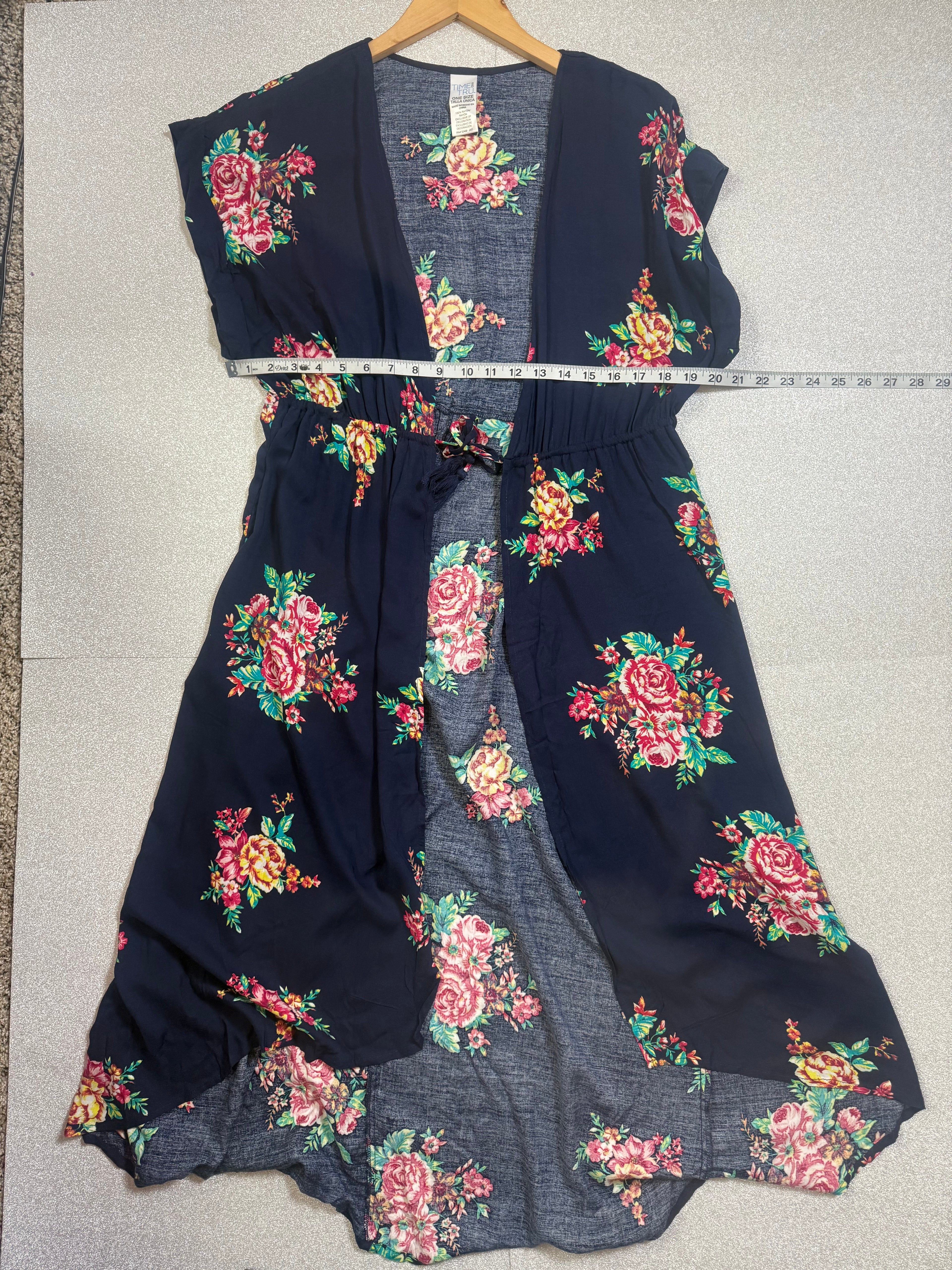 Time and Tru 100% Rayon One Size Navy Blue Floral Tie Front Long Short Sleeve Cardigan