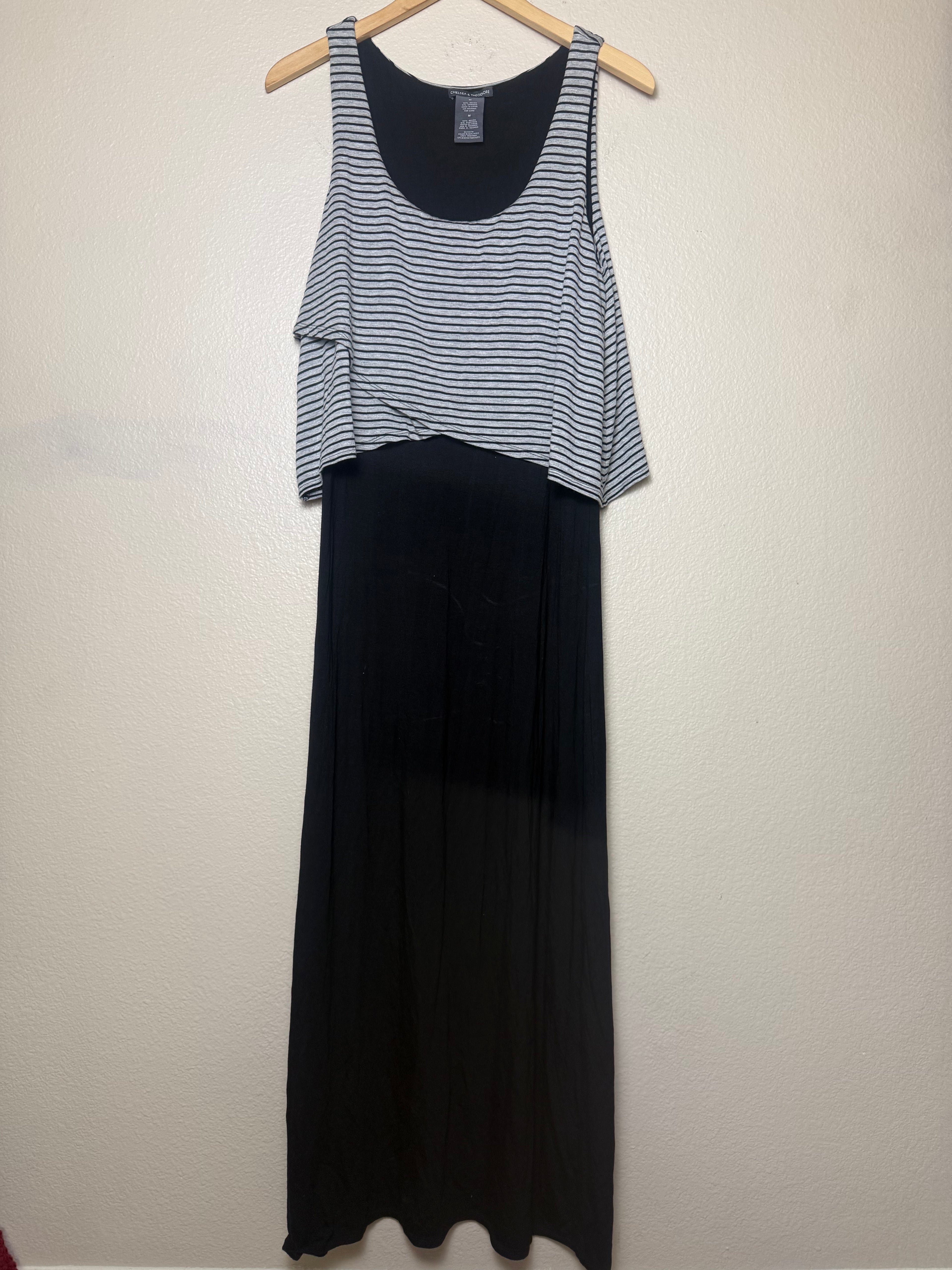 Chelsea & Theodore 96% Rayon 4% Spandex M Black with Black and Grey Striped Top Tank Top Maxi Dress