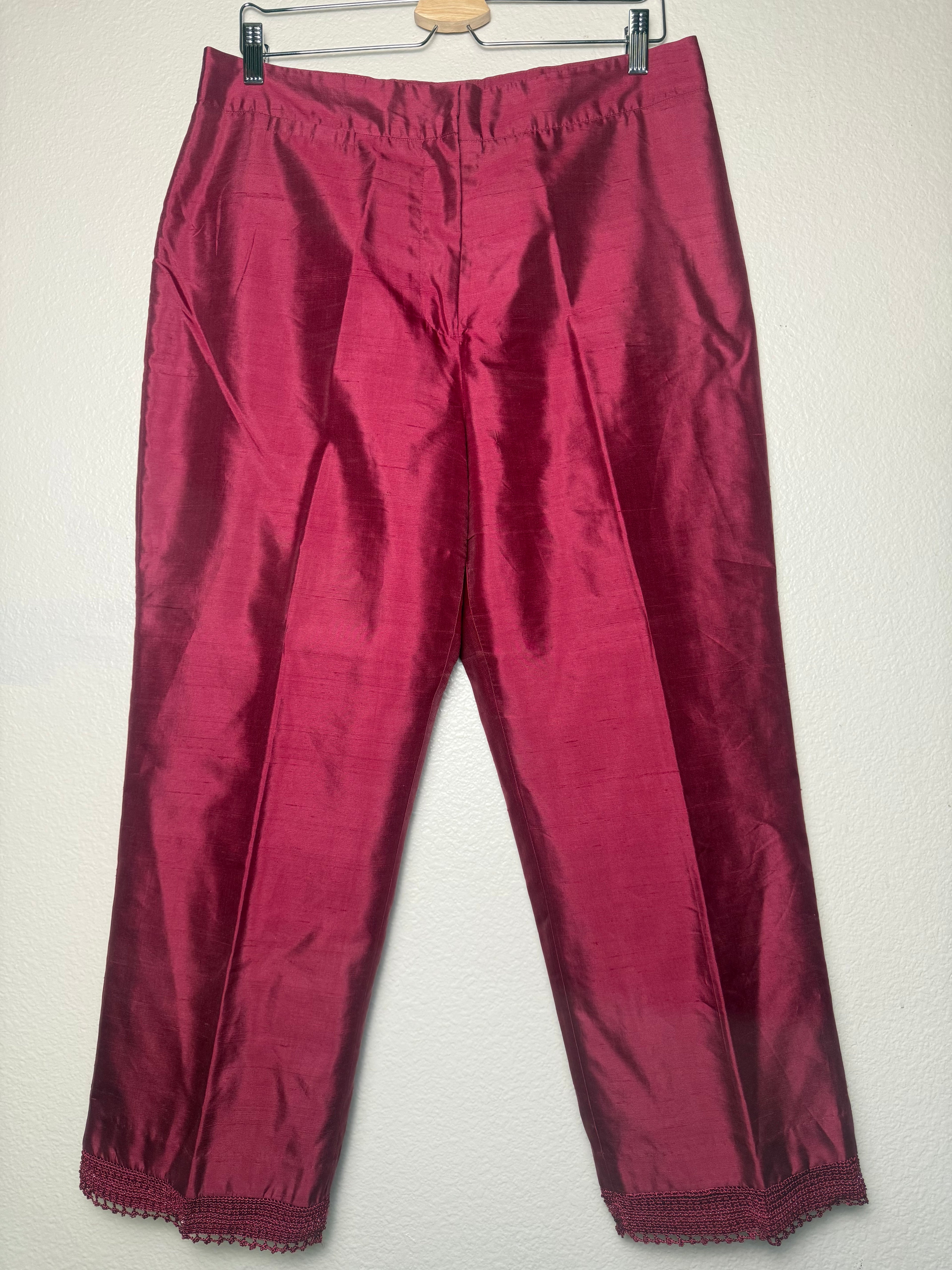 Willi Smith 100% Silk Size 14 Merlot Capri Pants with Beaded Trim
