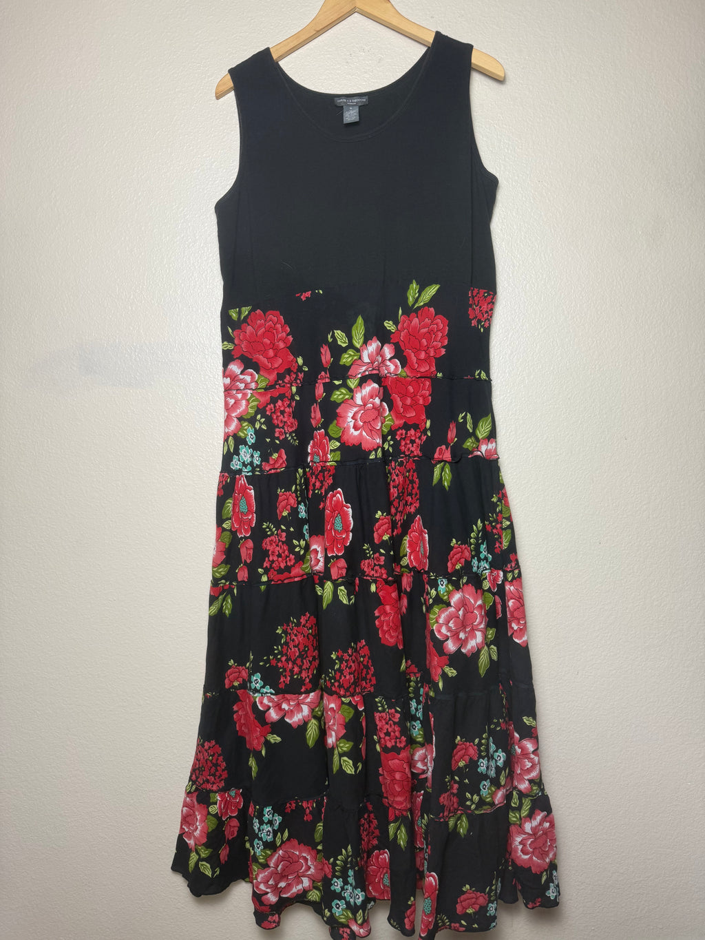 Chelsea & Theodore 97% Cotton 3% Spandex 100% Cotton Skirt 1X Black and Rose Print Tank Top Maxi Dress